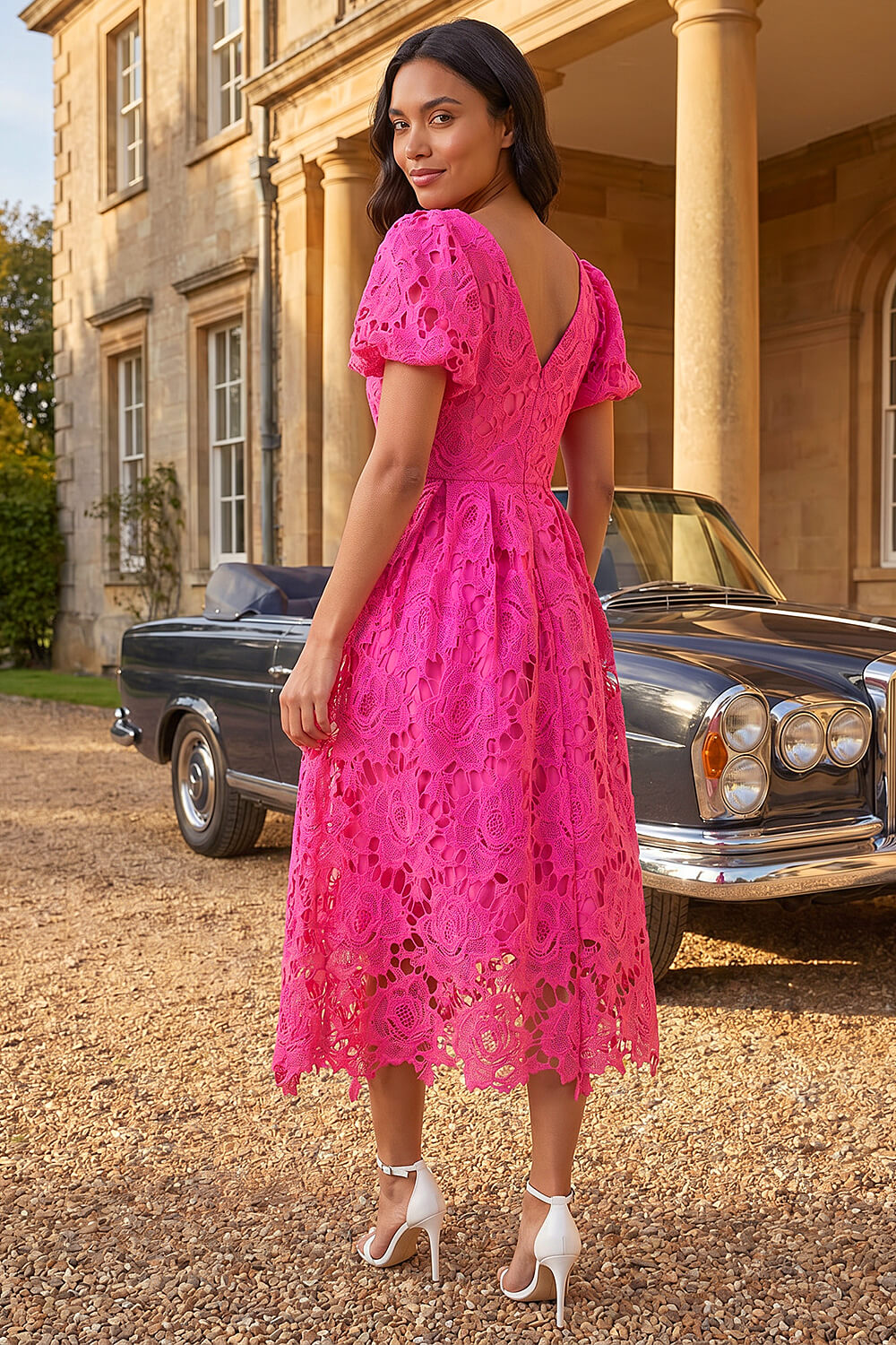 Pink Crochet Lace V-Neck Midi Dress, Image 4 of 4