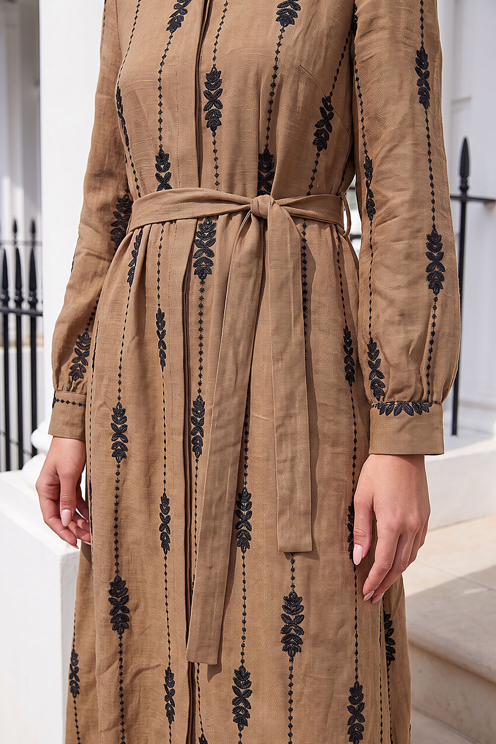 Taupe Belted Embroidery Dress, Image 5 of 4