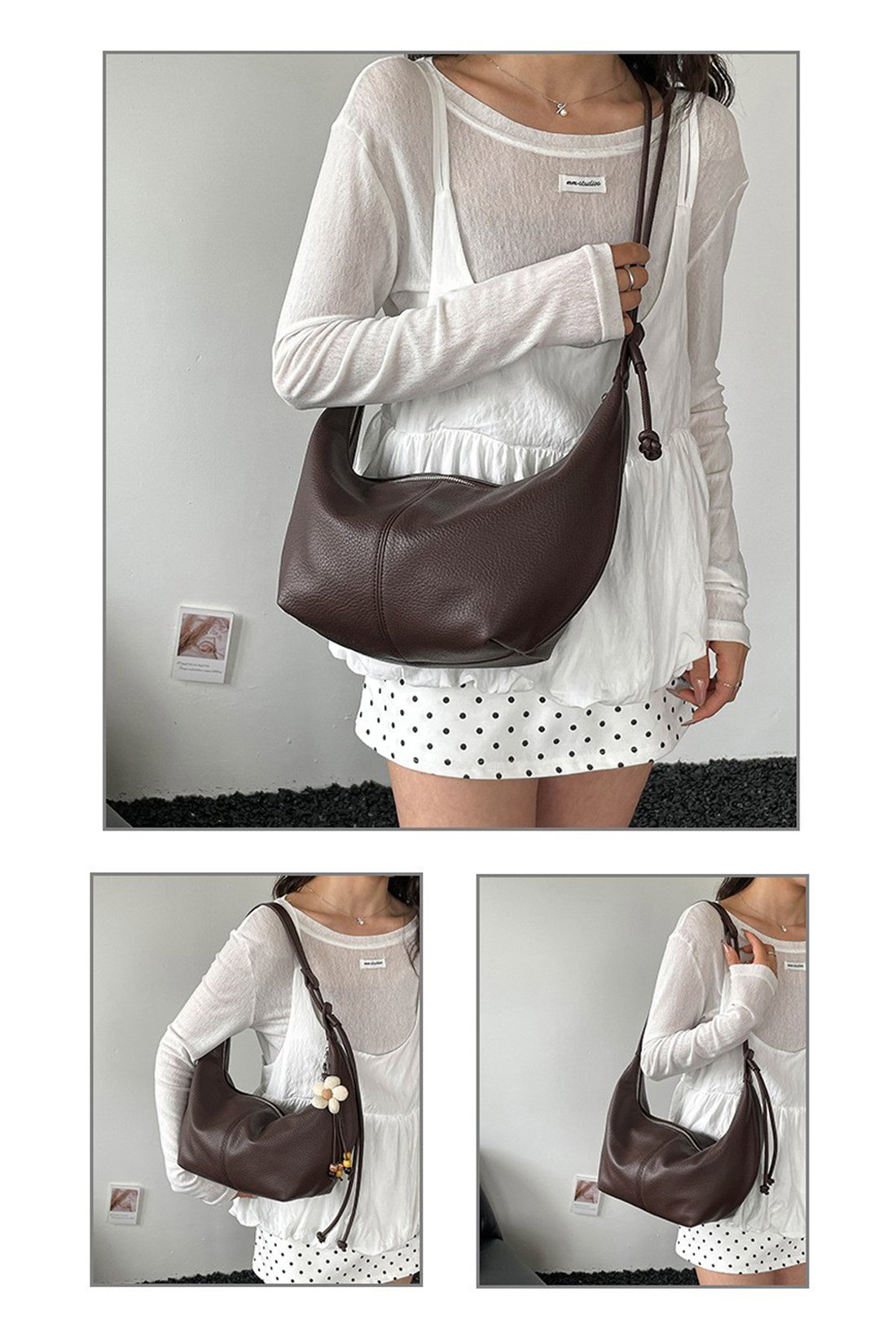 Brown Crescent Shoulder Bag With Flower Charm, Image 3 of 3