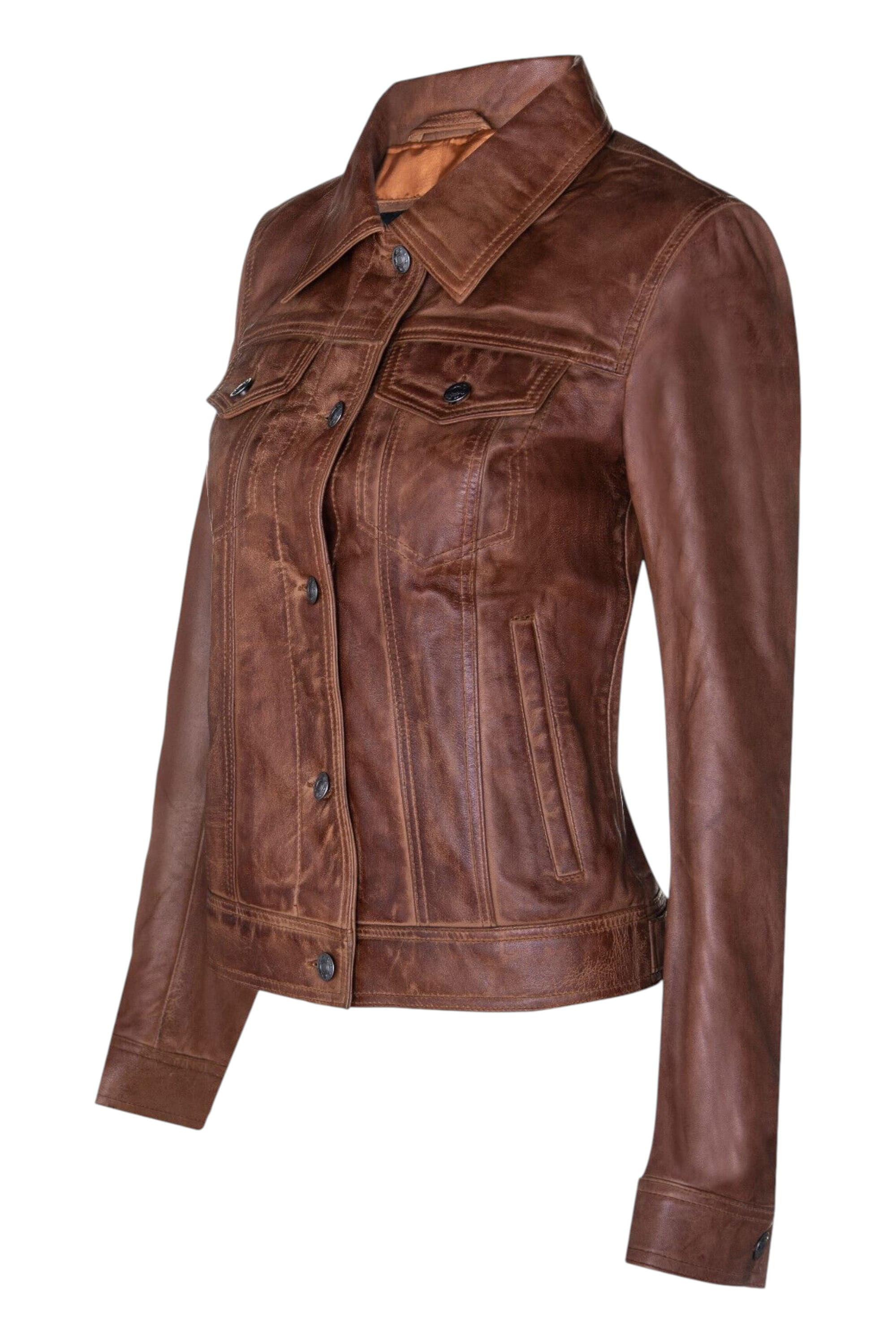 Tan Womens Leather Trucker Jacket-Andery, Image 2 of 4