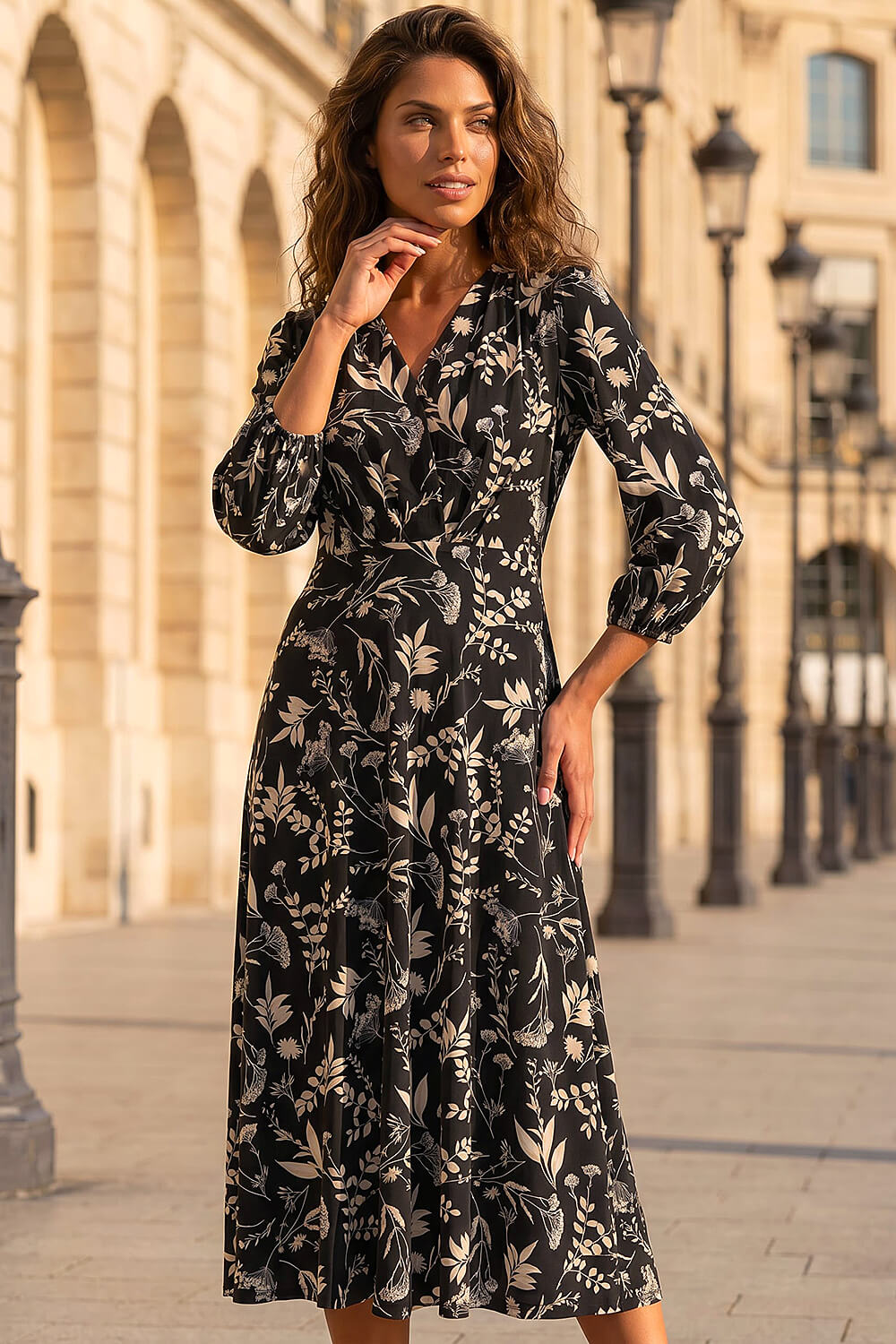 Black Floral Print Midi Dress, Image 1 of 4