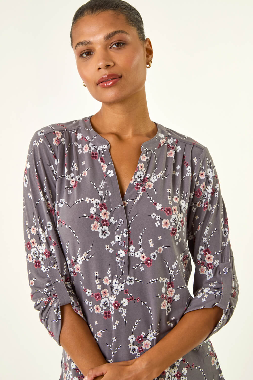 Grey Floral Puff Print Stretch Shirt, Image 5 of 5