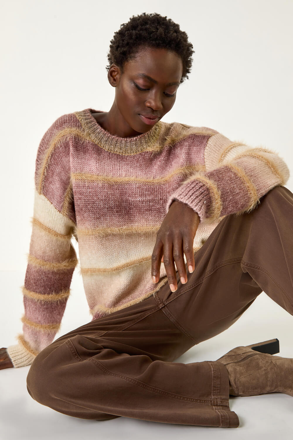 Soft Knit Jumper With  Embroidered Sleeves - Taupe
