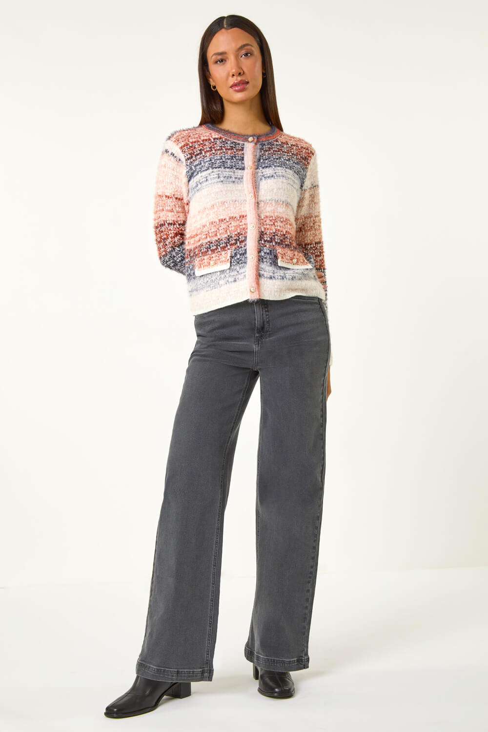 Denim Fluffy Ombre Knit Cardigan, Image 4 of 6