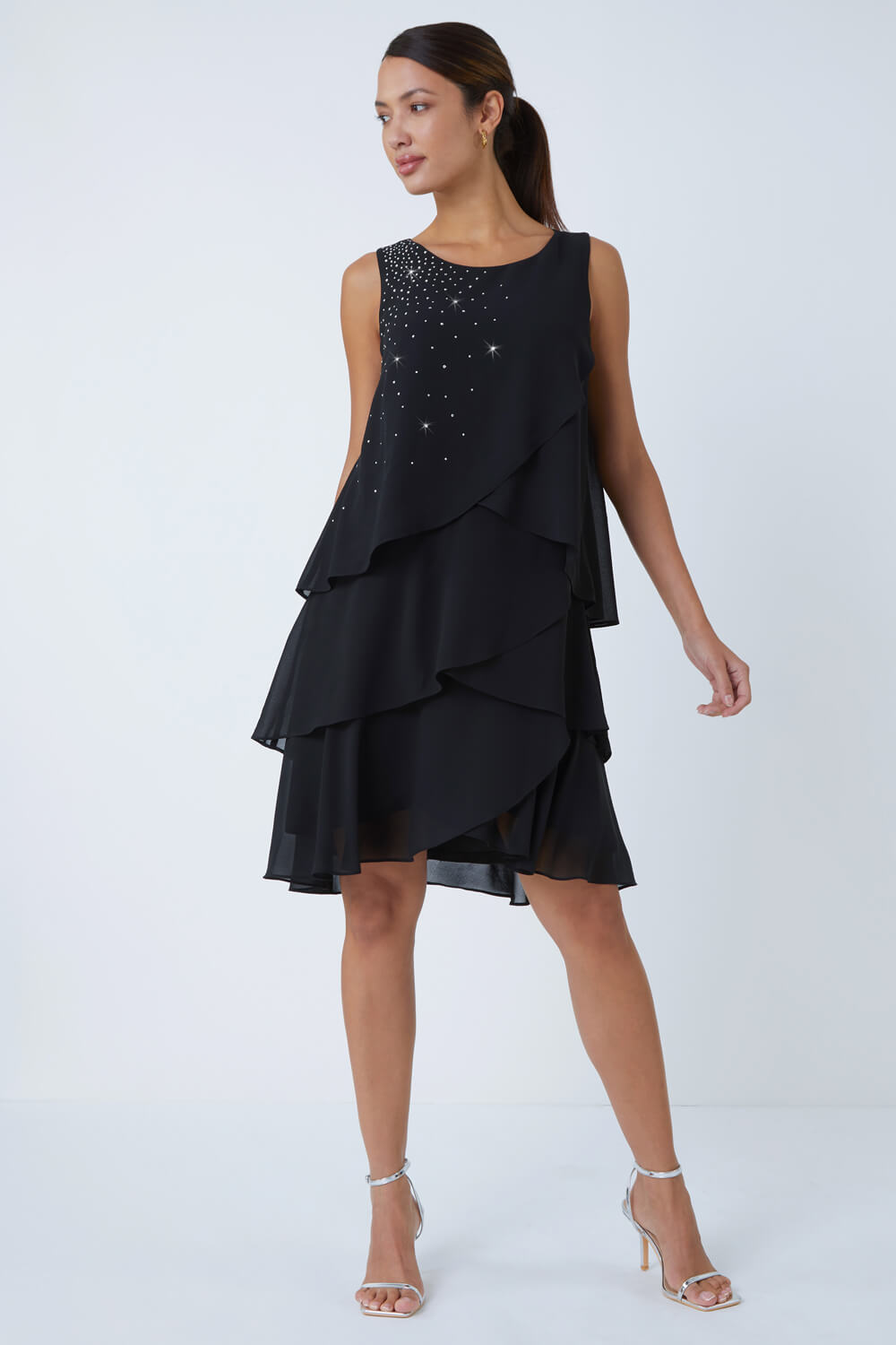 Black Embellished Chiffon Frill Swing Dress, Image 3 of 5
