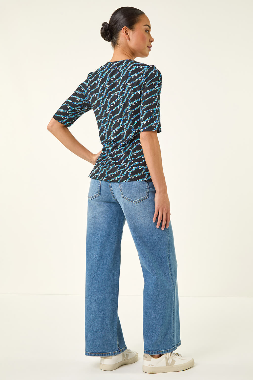 Navy Petite Abstract Print Drawstring Top, Image 4 of 5