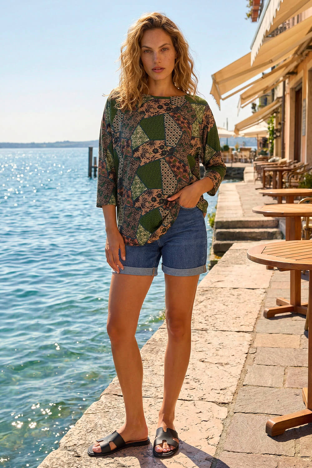 Green Floral Patchwork Stretch Top, Image 3 of 4