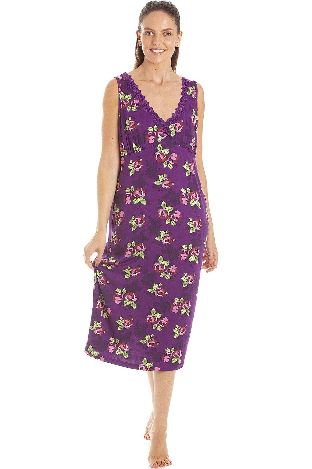 Purple Camille Lingerie Purple Floral Print Spandex Knee Length Chemise, Image 1 of 5