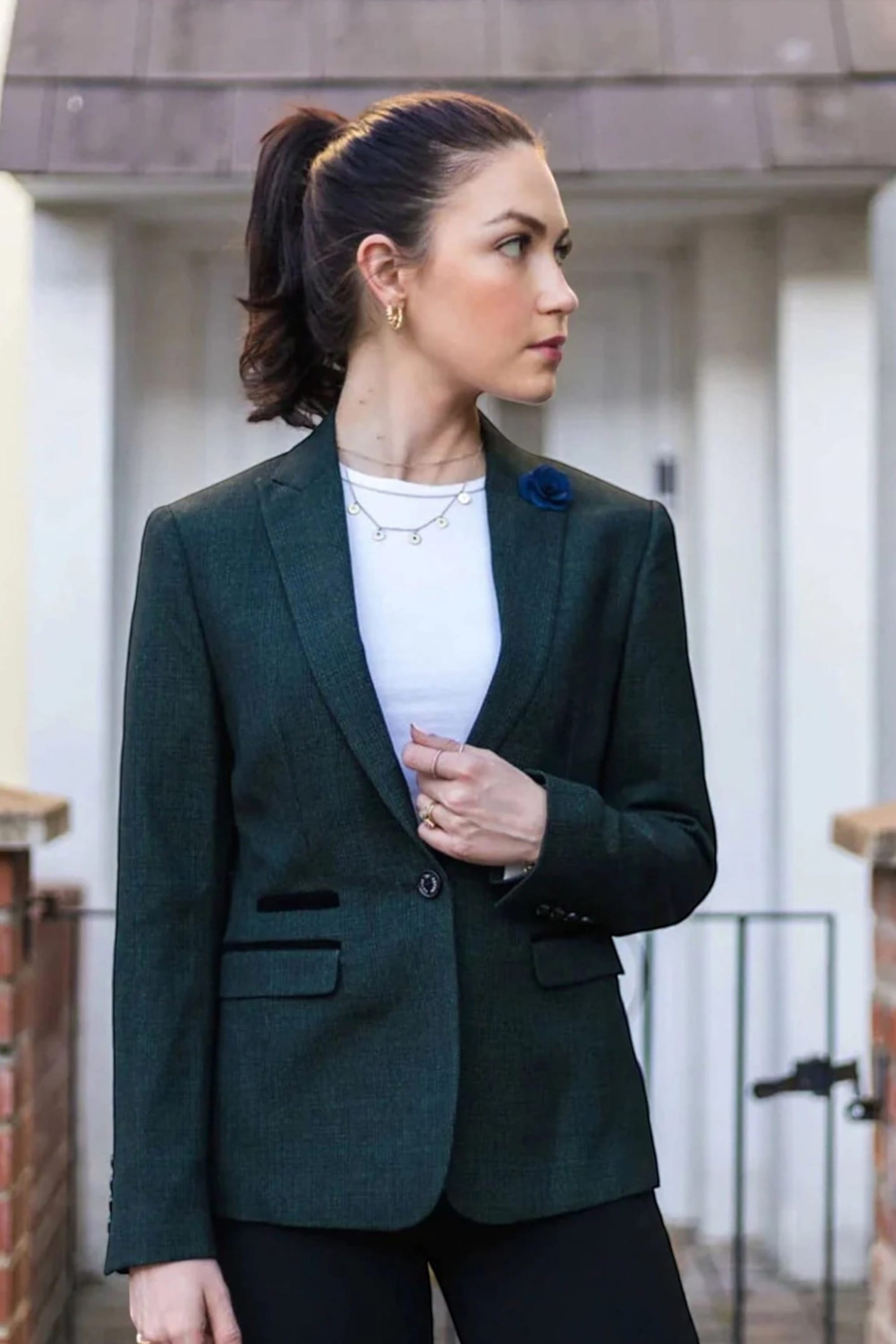 Olive Infinity Leather Olive Women's Tweed Green Check Blazer Wool Jacket, Image 2 of 6