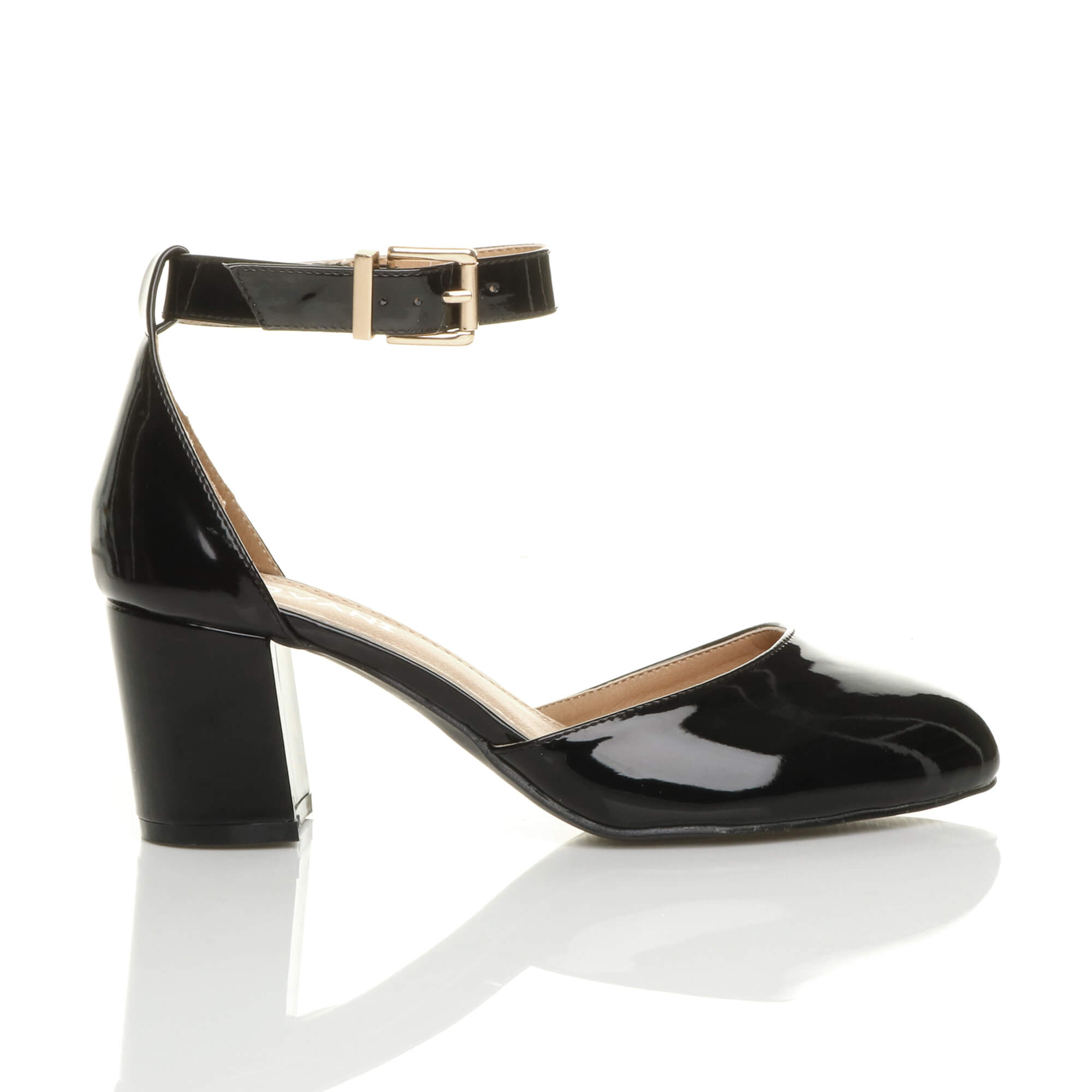 Black AJVANI Black Mid Block Heel Ankle Strap 2 Part Heels, Image 2 of 6