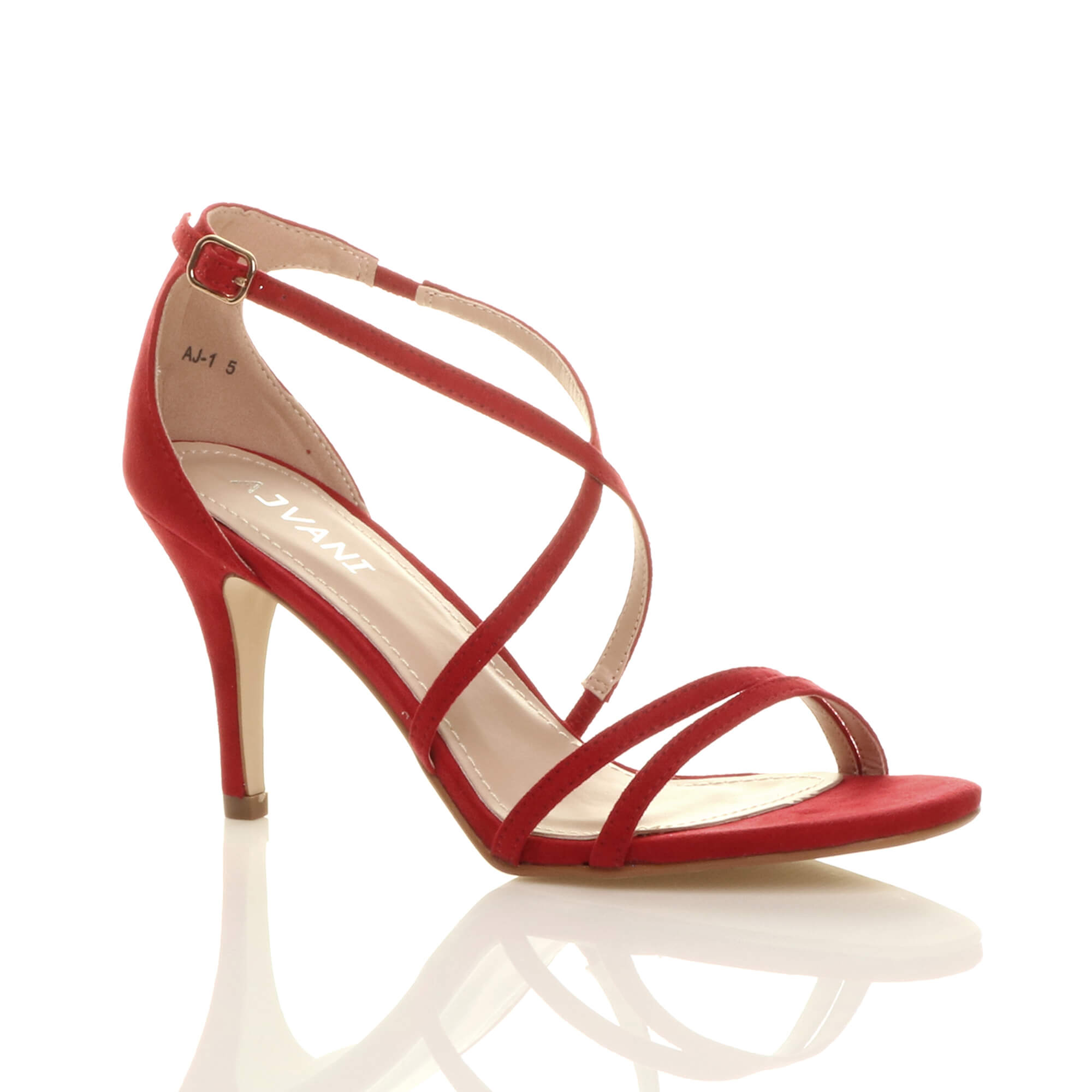 Red AJVANI Red High Heel Crossed Straps Buckle Strappy Sandals, Image 1 of 6