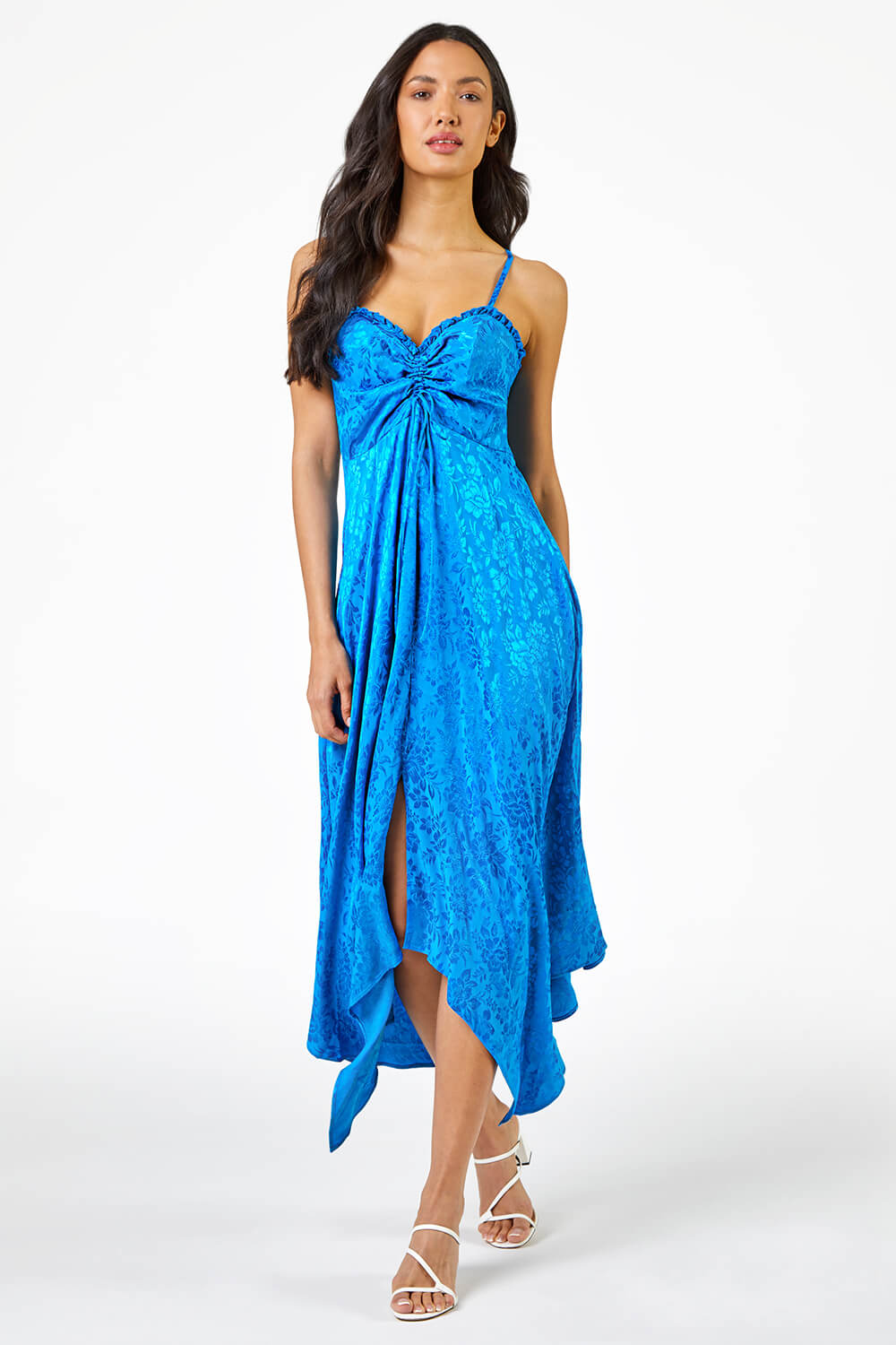 Blue Satin Ruffle Detail Jacquard Midi Dress, Image 5 of 5