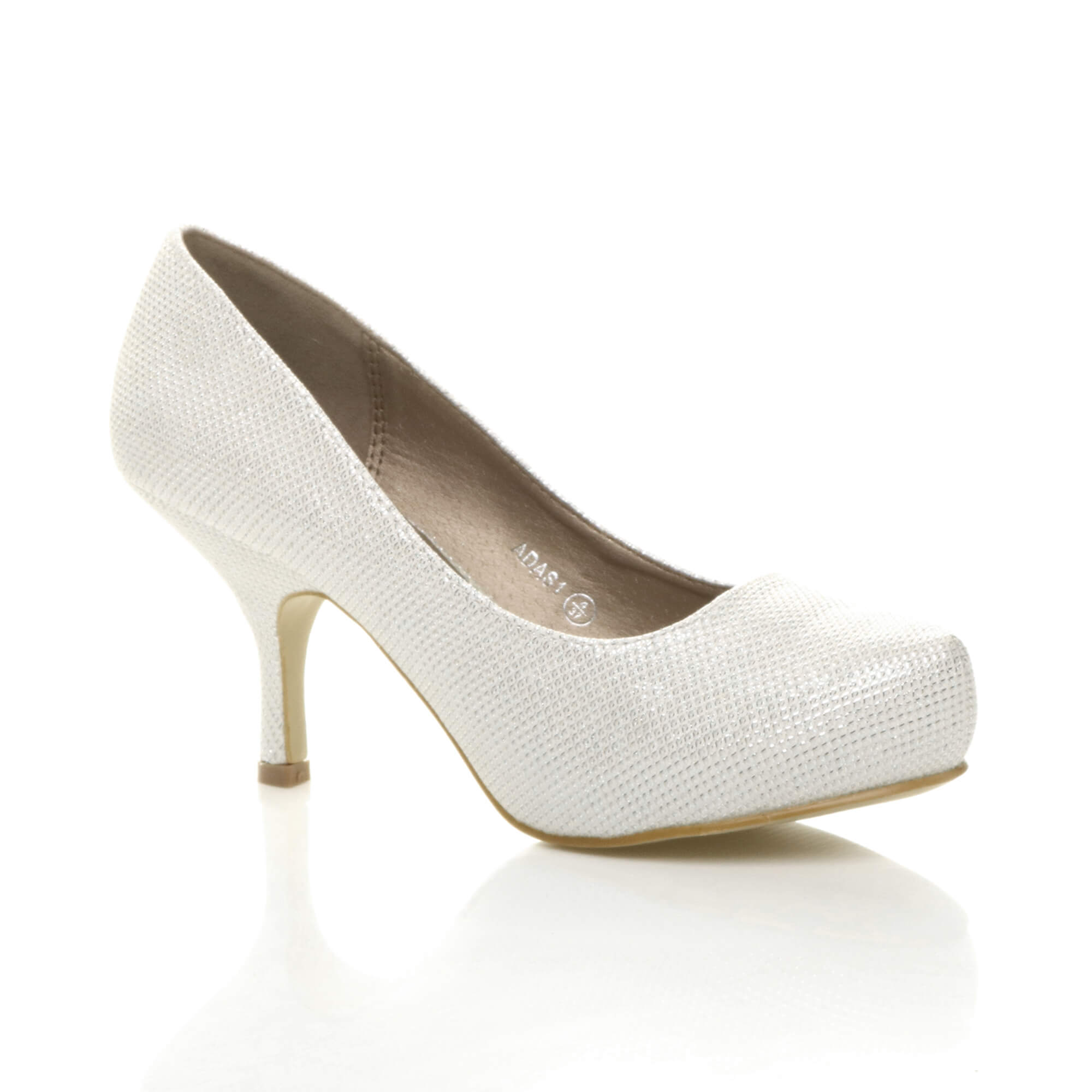 White Mid High Heel Glitter Court Shoes