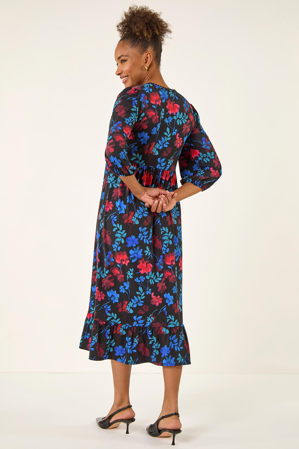 Floral Print Lace Trimmed Tie Back Bell Sleeve Swing Mini Dress