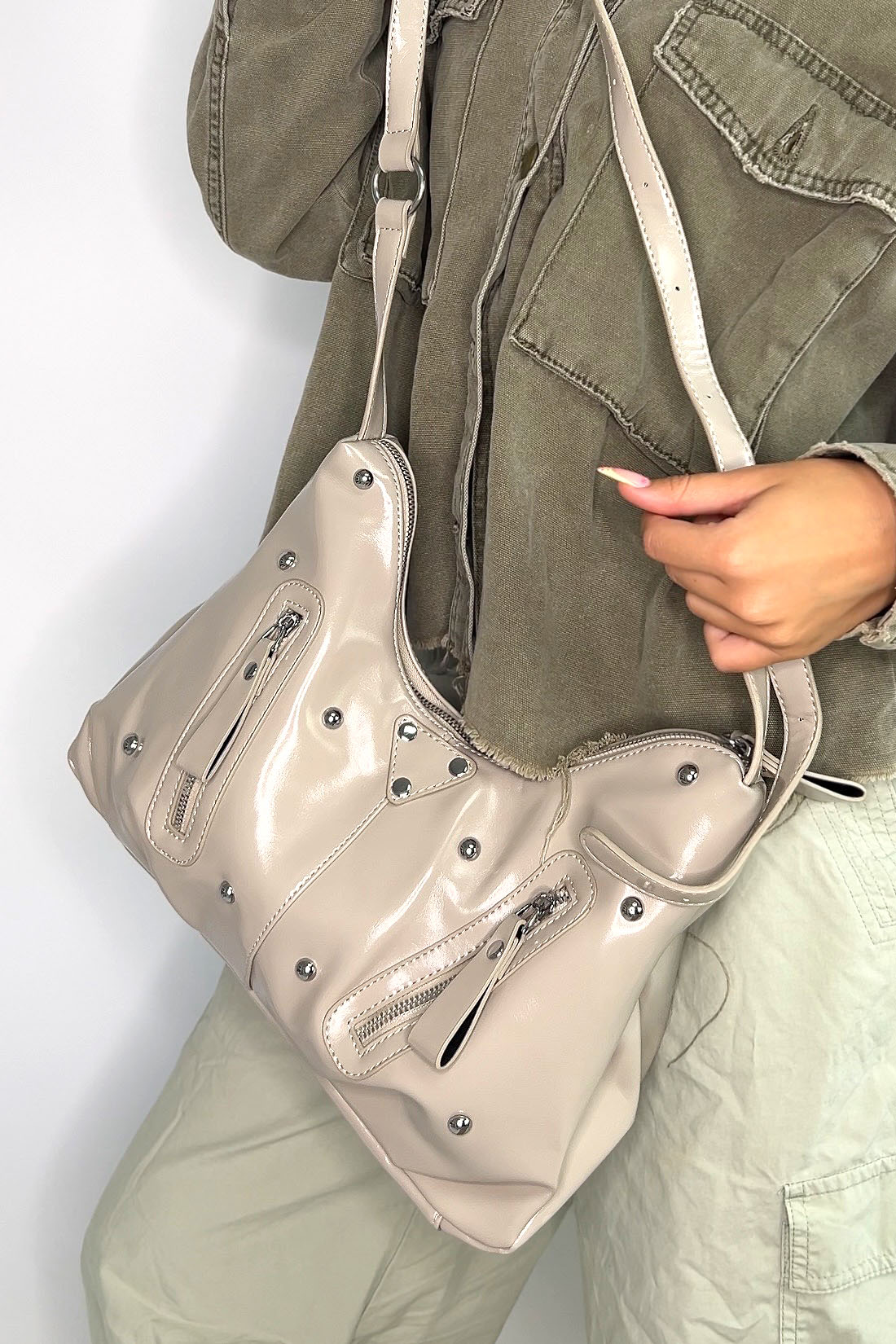 Beige Large Shoulder Bag With Zips And Studs, Image 2 of 3