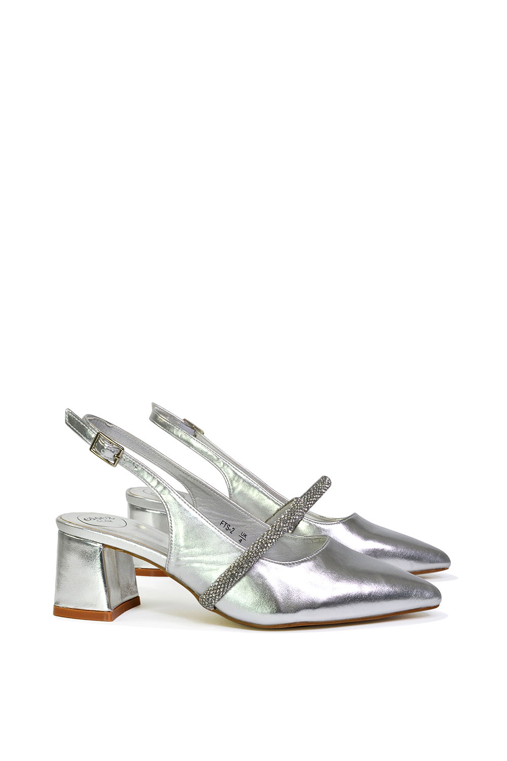 Silver XY LONDON Silver 'Sandie' Sling Back Strappy Pointed Toe Diamante Mid Block Heels, Image 2 of 4