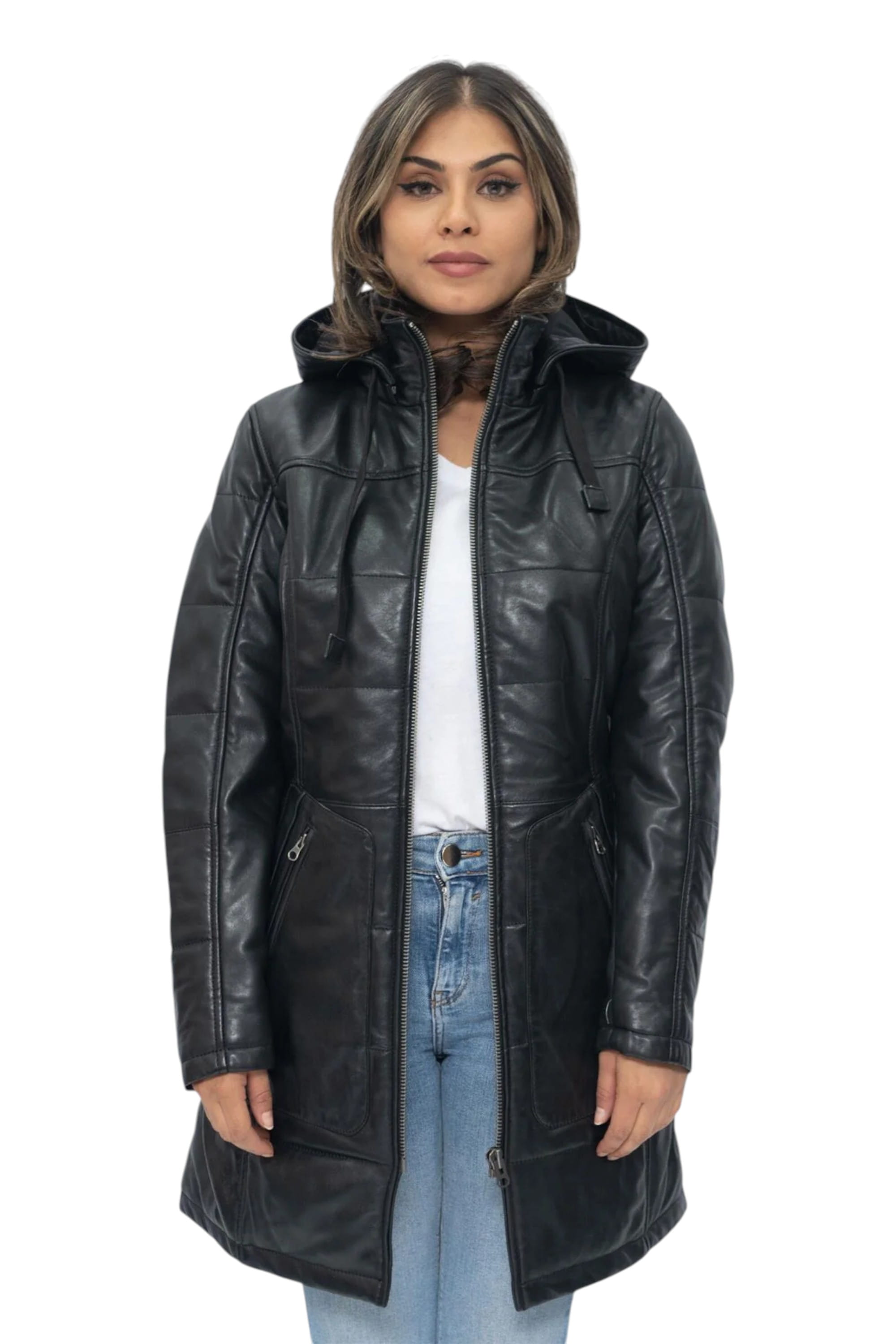 Black Womens Leather Quilted Parka Coat -Allen, Image 2 of 6