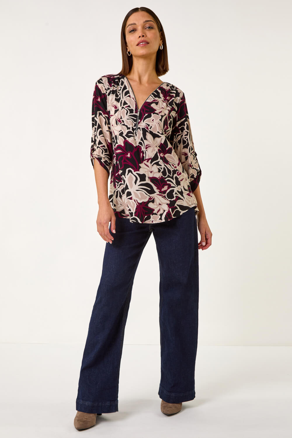 Black Floral Print Zip Detail Top, Image 3 of 5