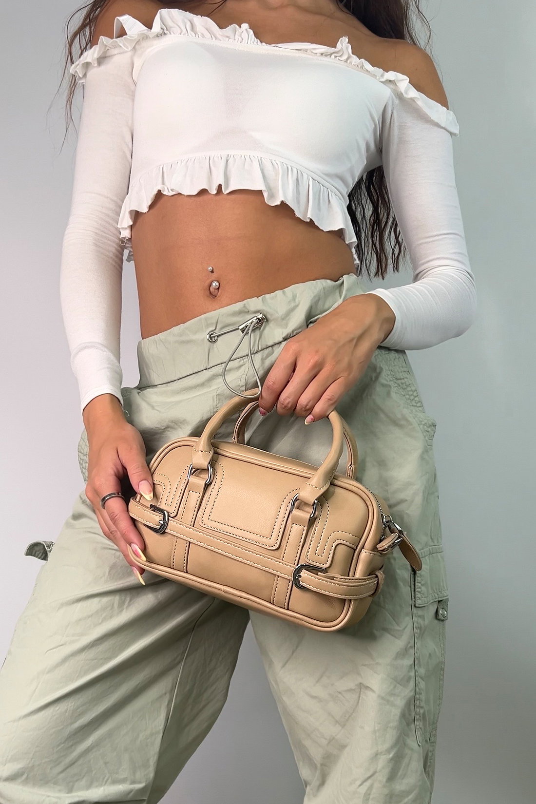 Taupe Barrel Satchel handbag With Shoulder Strap, Image 3 of 4