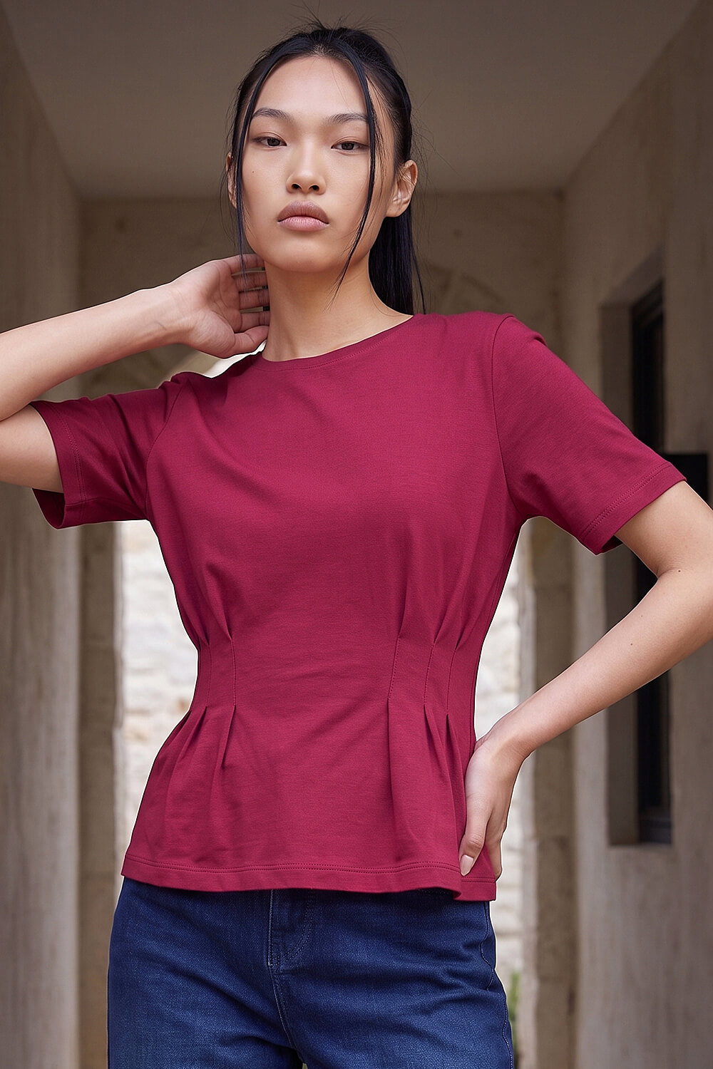 Dusk Women's Wine Pintuck Stretch T-Shirt Size 8