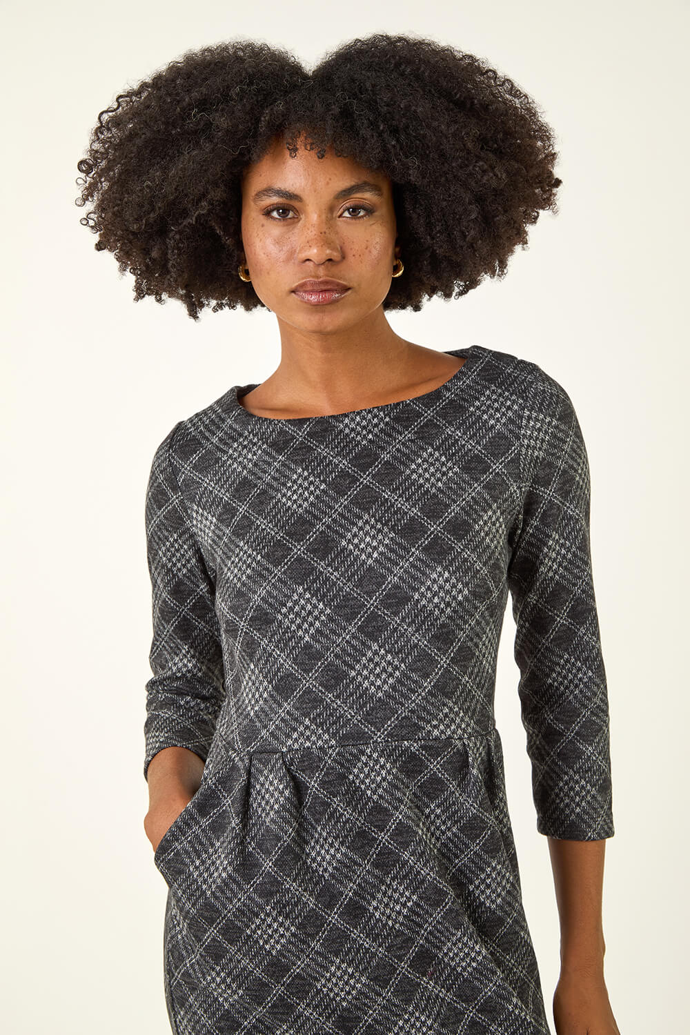 Dark Grey Checked Front Pleat Shift Dress, Image 5 of 5