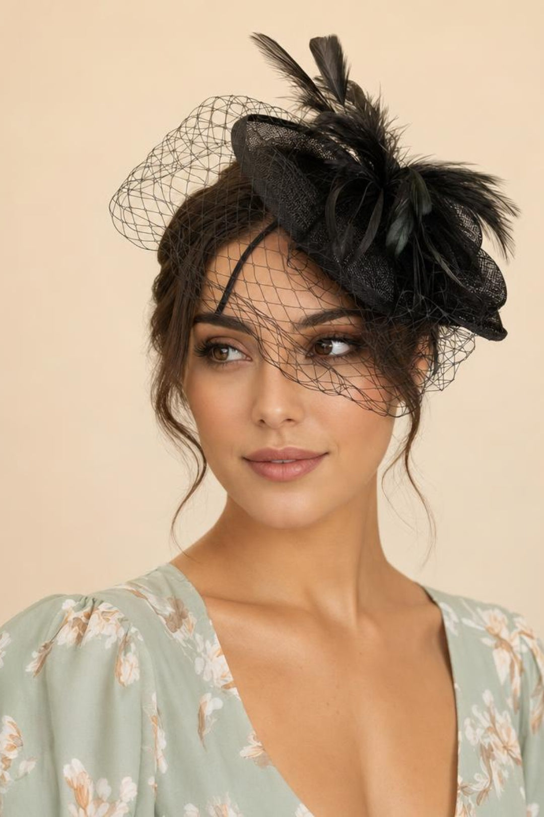 Black Large Feather & Net Disc Fascinator, Image 1 of 2