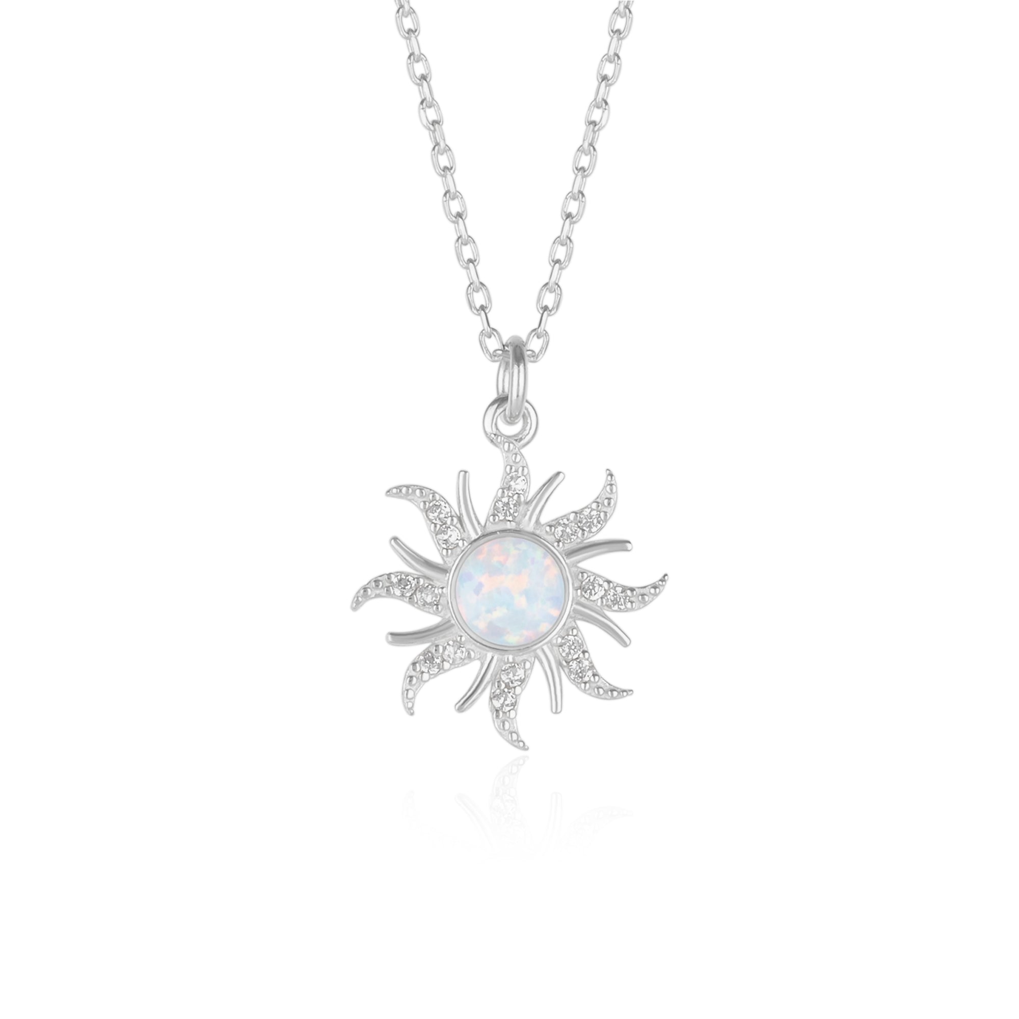 Silver White Opal Sun & Sunburst Necklace in Sterling Silver, Image 1 of 5