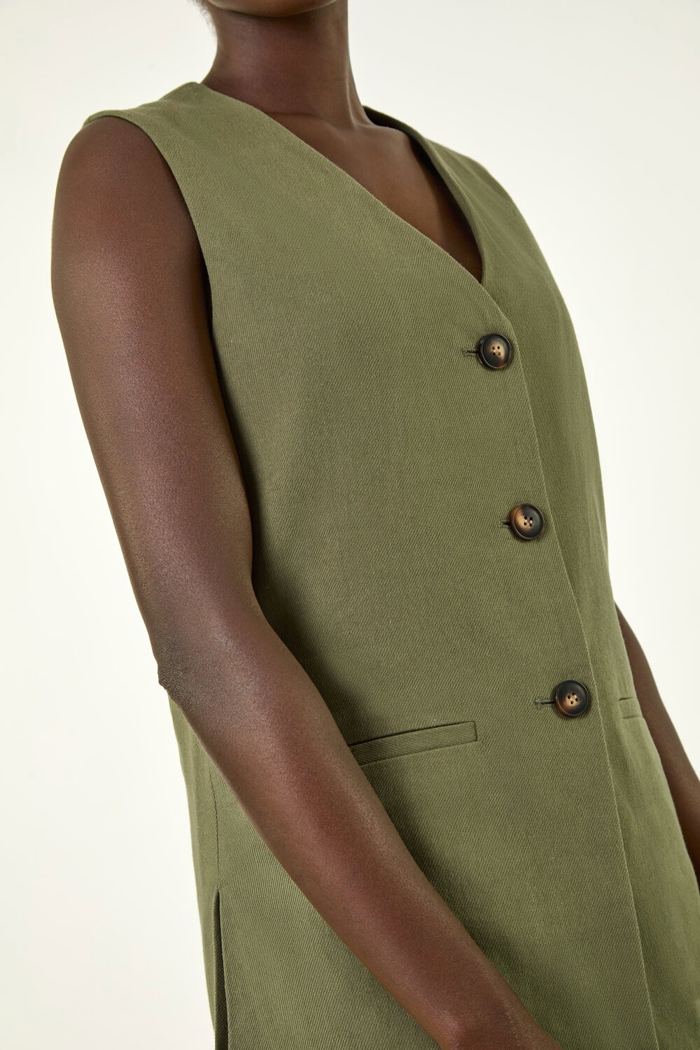 Khaki Longline Button Waistcoat Jacket, Image 6 of 5