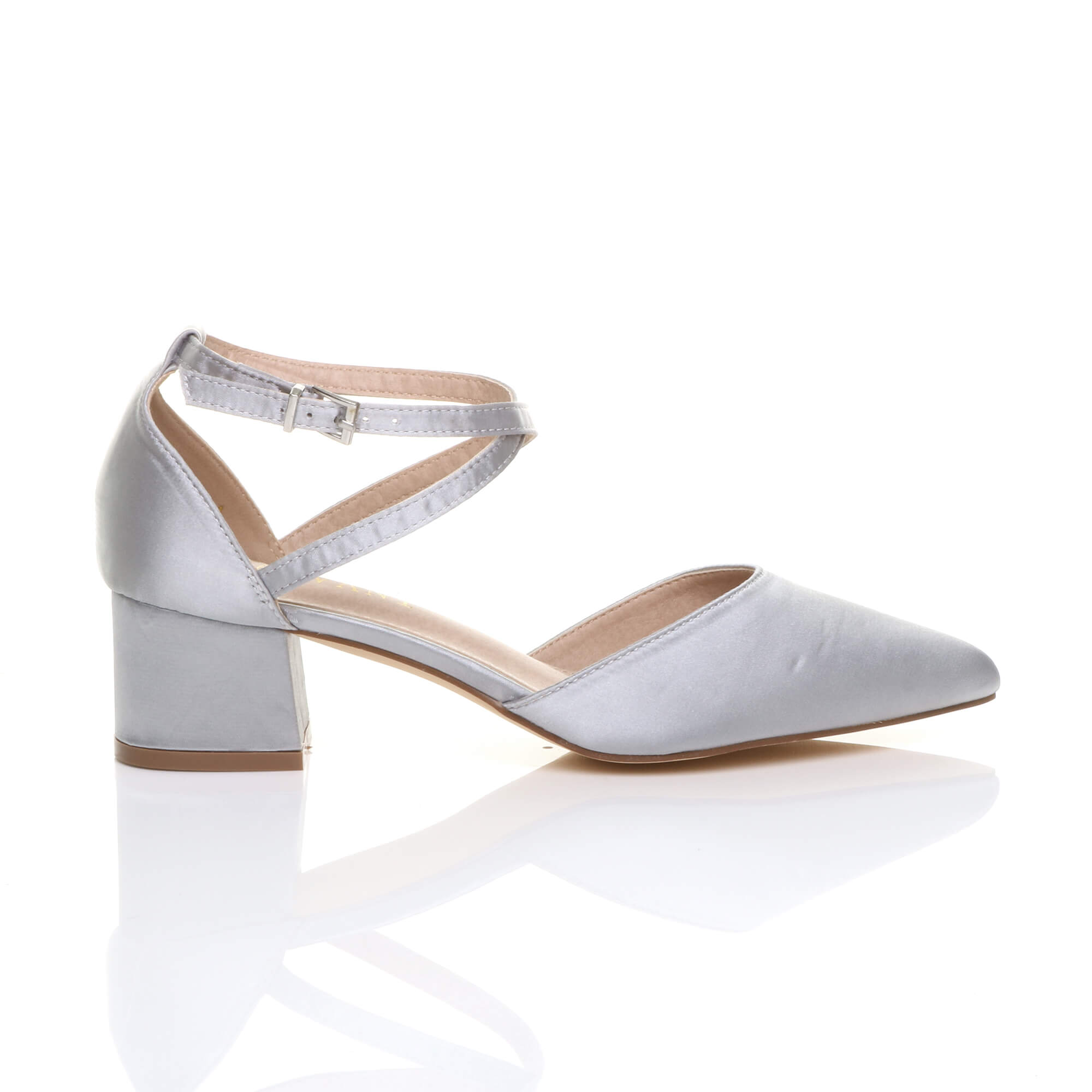 Silver Mid Block Heel Crossed Strap Pointed Toe 2 Part Heels, Image 2 of 6
