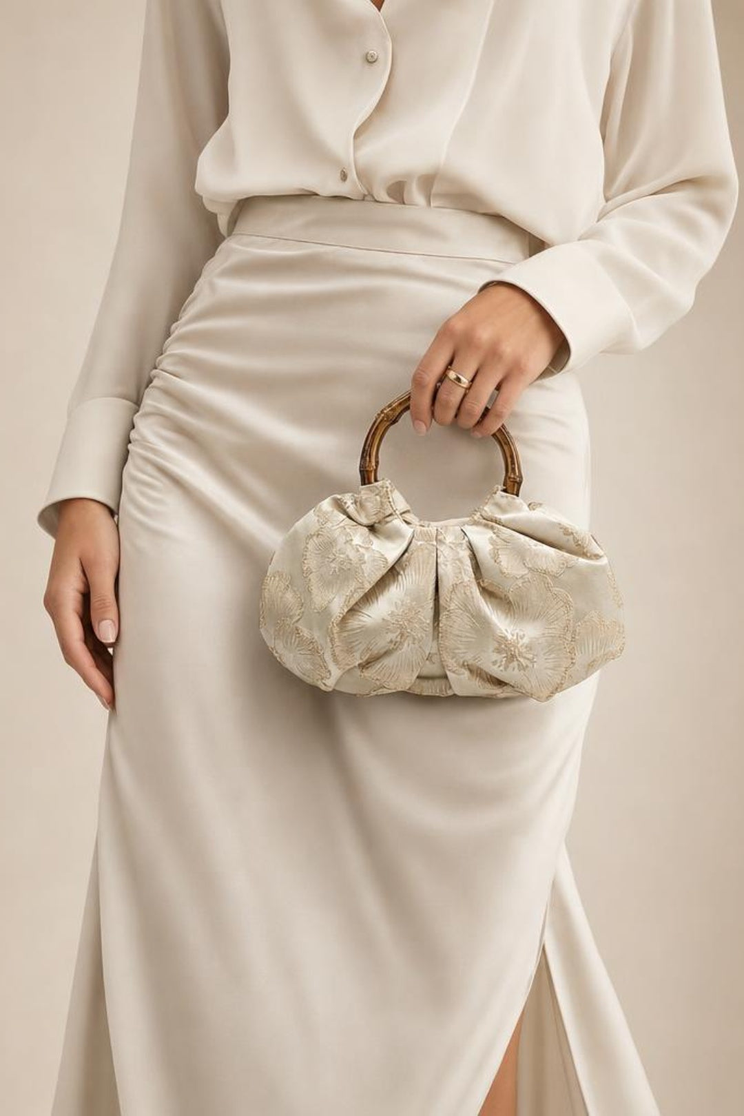 Beige Vintage Bamboo Handle Pleated Handbag, Image 1 of 4