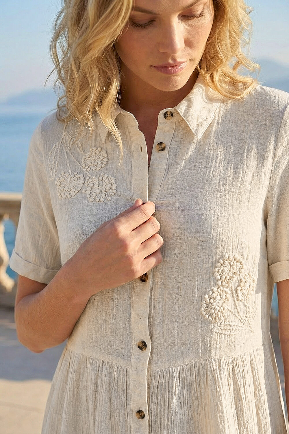 Natural  Embroidery Detail Tiered Midi Dress, Image 5 of 4