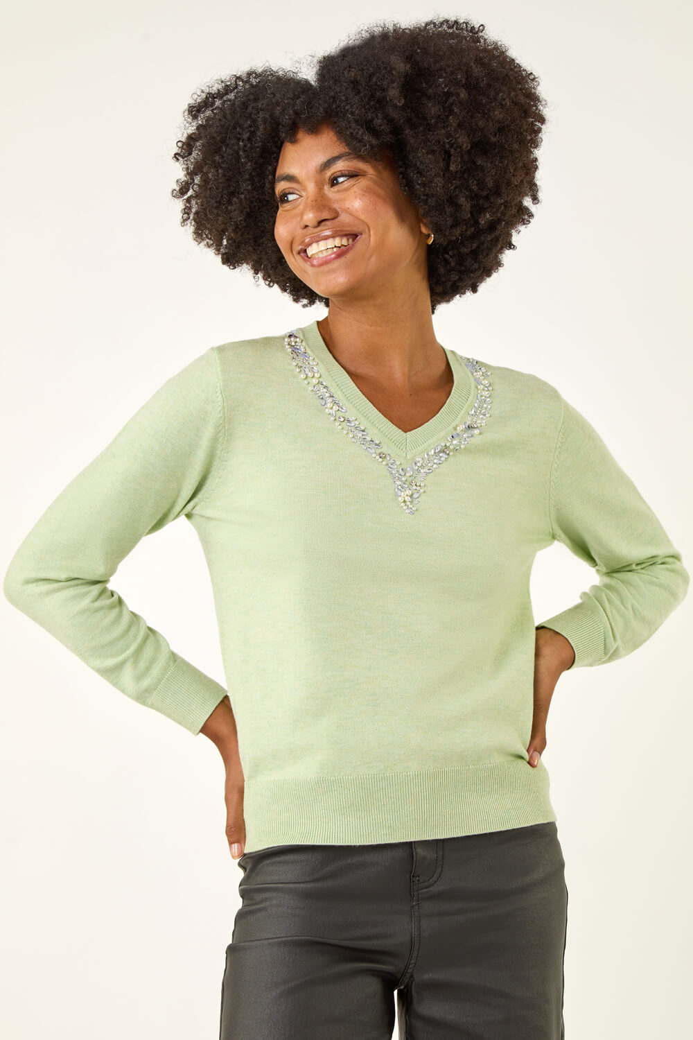 Pale Green V-Neck Sparkly Trim Jumper, Image 5 of 5