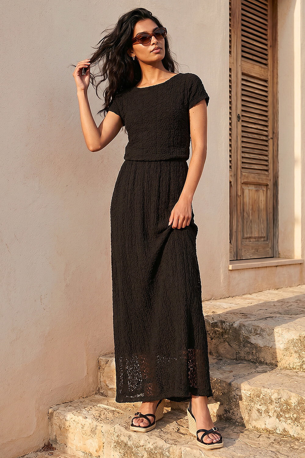 Black Textured Floral Lace Maxi Dress, Image 3 of 4