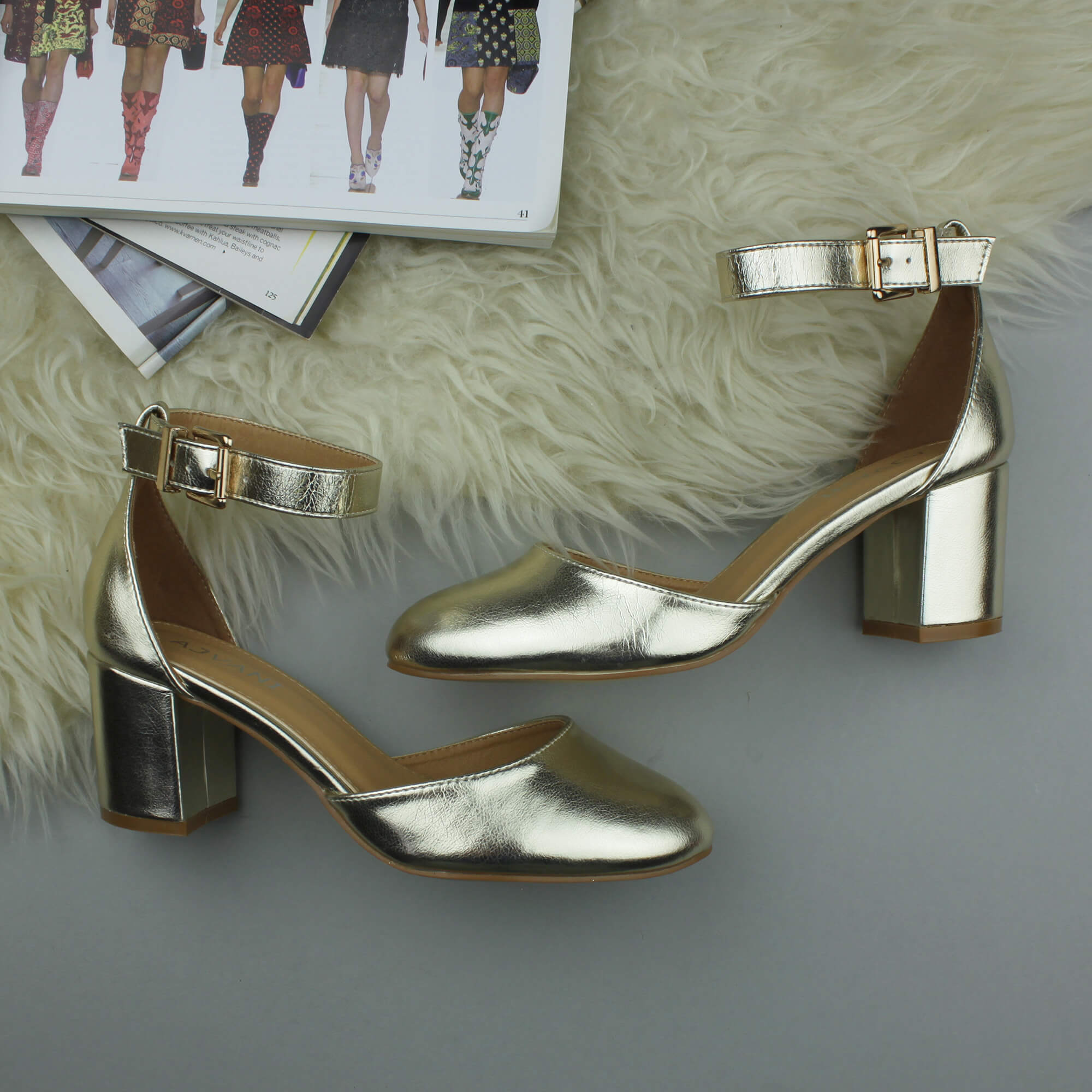 Gold AJVANI Gold Mid Block Heel Ankle Strap 2 Part Heels, Image 4 of 6