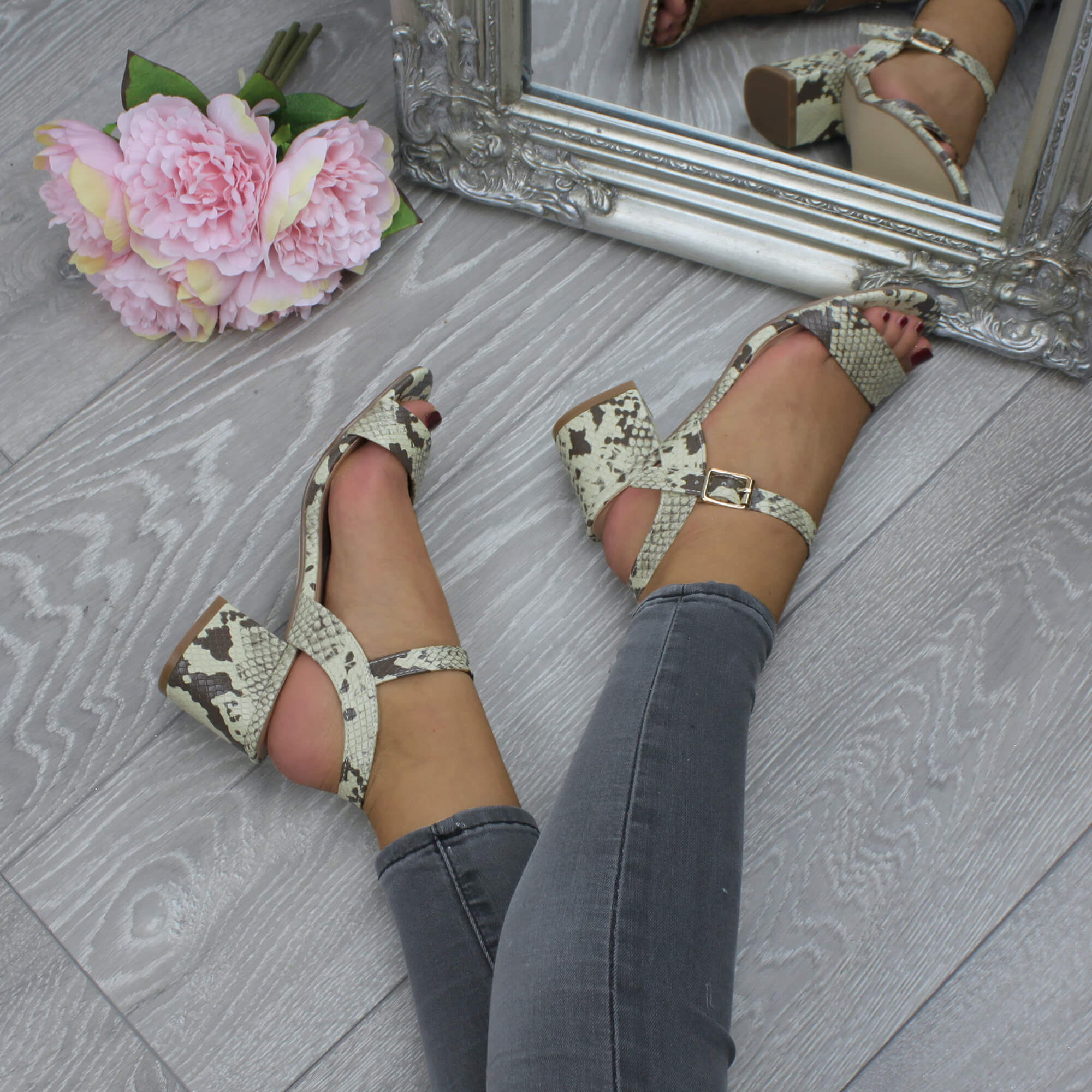 Beige AJVANI Beige Mid Block Heel Strappy Sandals, Image 5 of 6