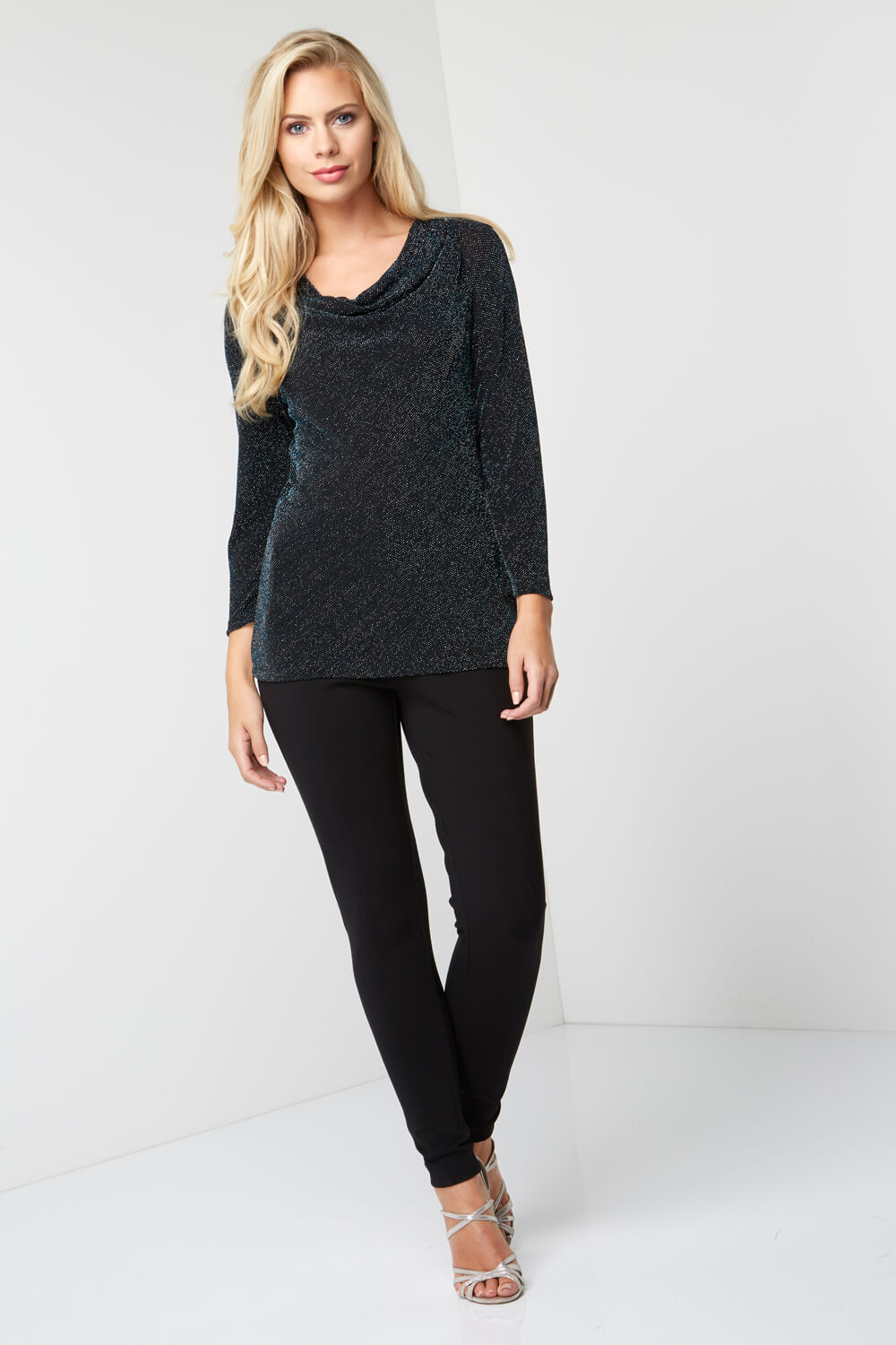 Black Shimmer Cowl Neck Top, Image 3 of 5