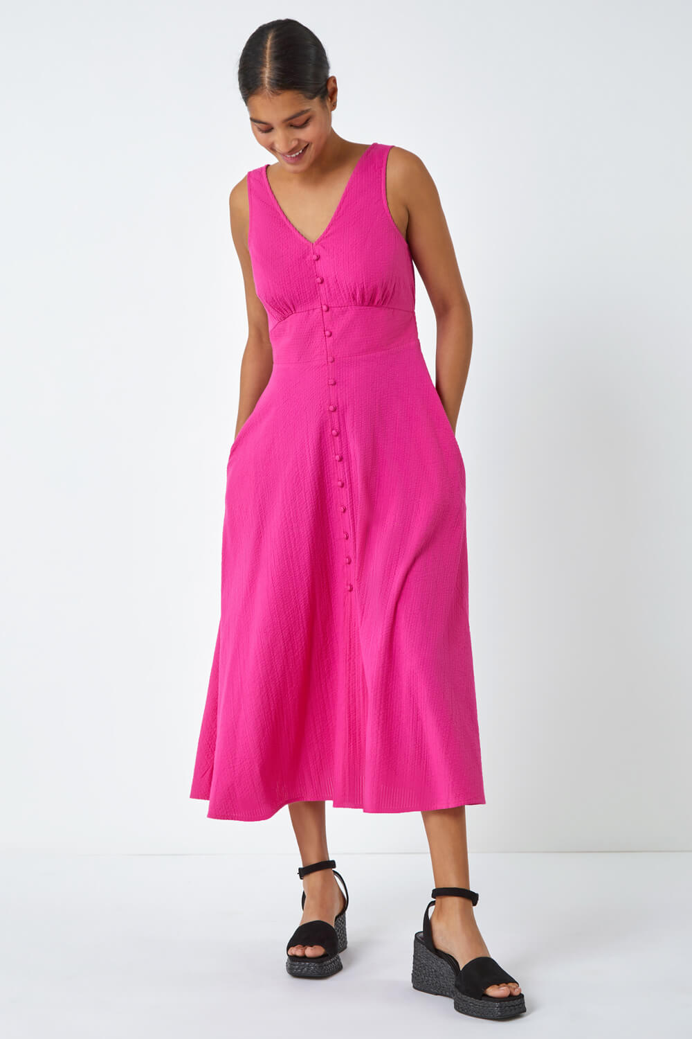 Pink Sleeveless Cotton Midi Dress, Image 3 of 5