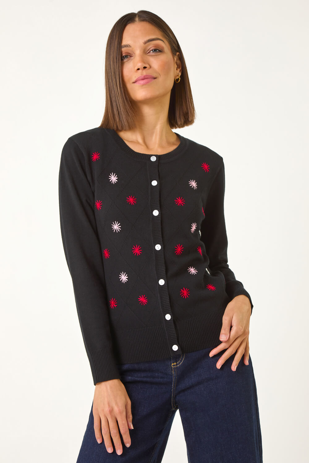 Black Embroidered Daisy Knit Cardigan, Image 5 of 5