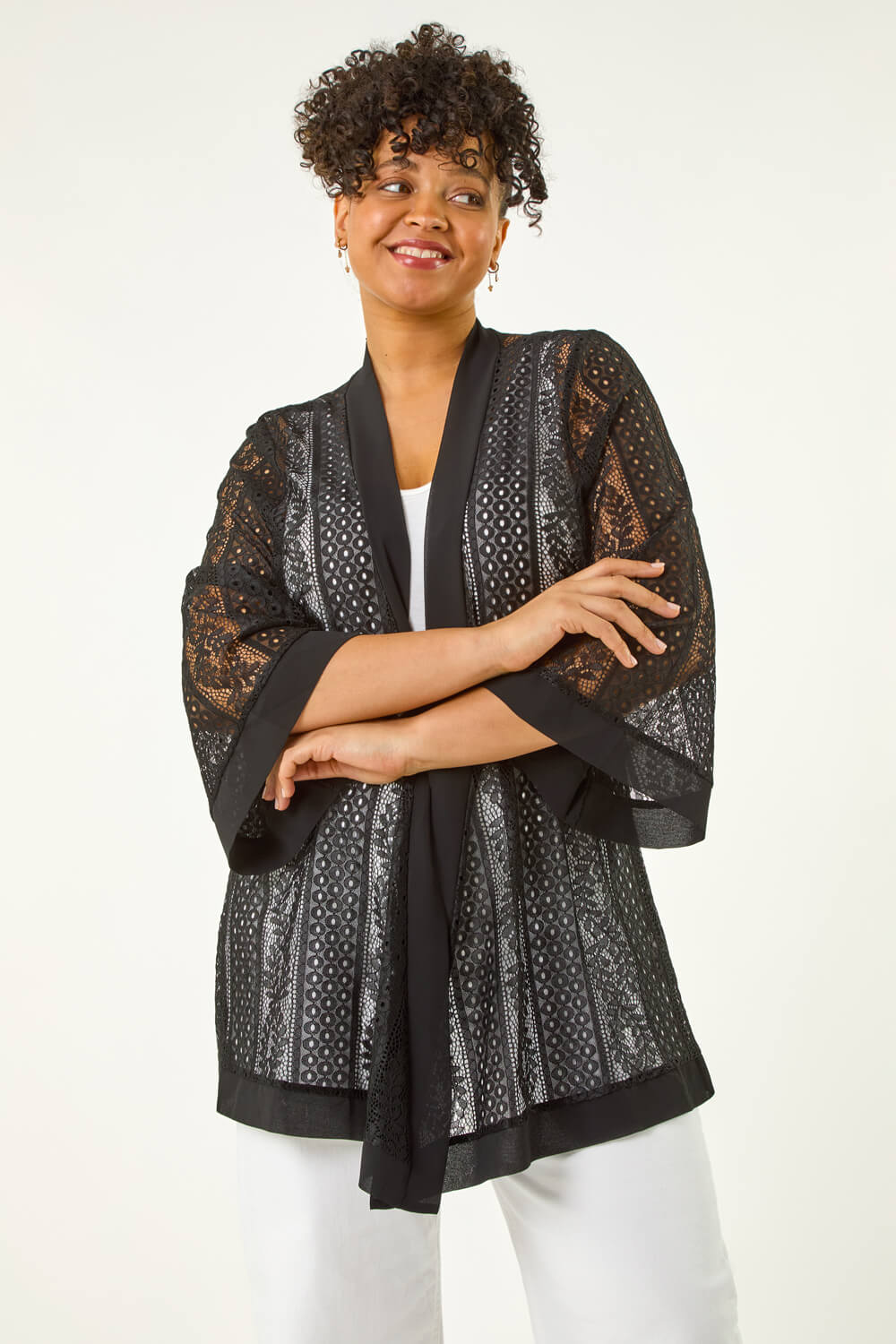 Roman Curve Women's Black Crochet Knit Cardigan Size 16