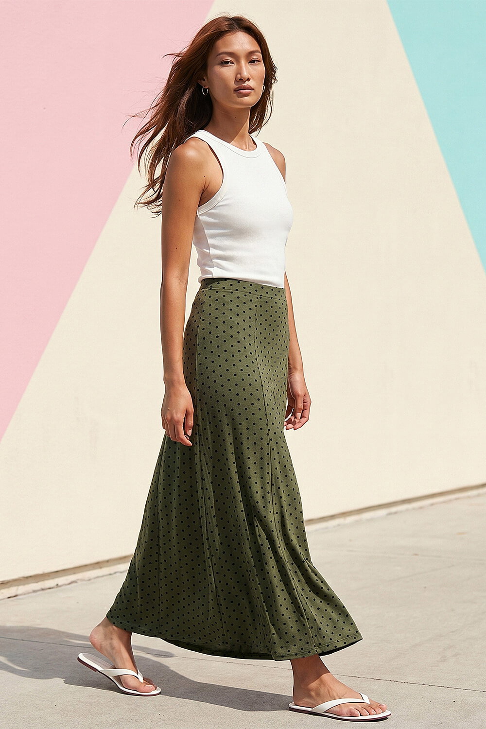 Khaki Polka Dot Midi Skirt, Image 3 of 4