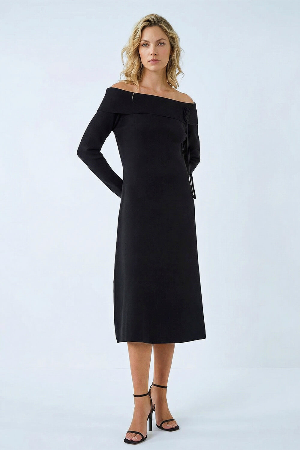 Black Floral Bardot Knit Midi Dress, Image 1 of 5