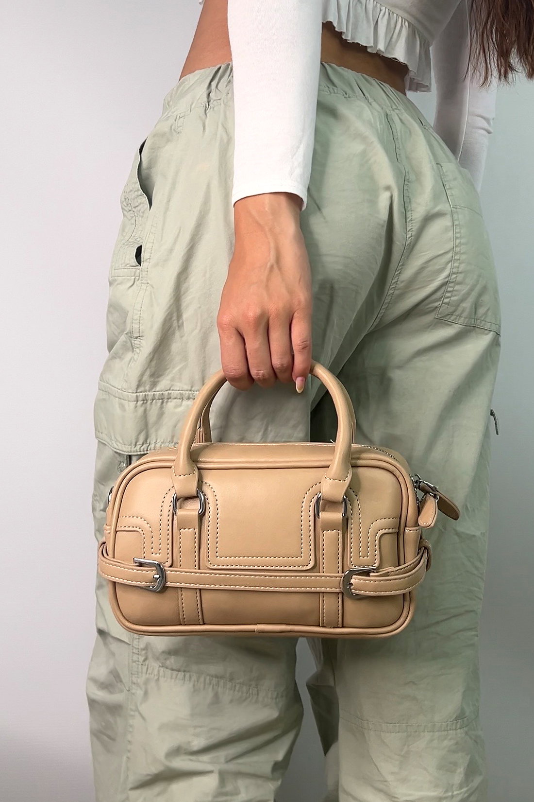 Taupe Barrel Satchel handbag With Shoulder Strap, Image 4 of 4