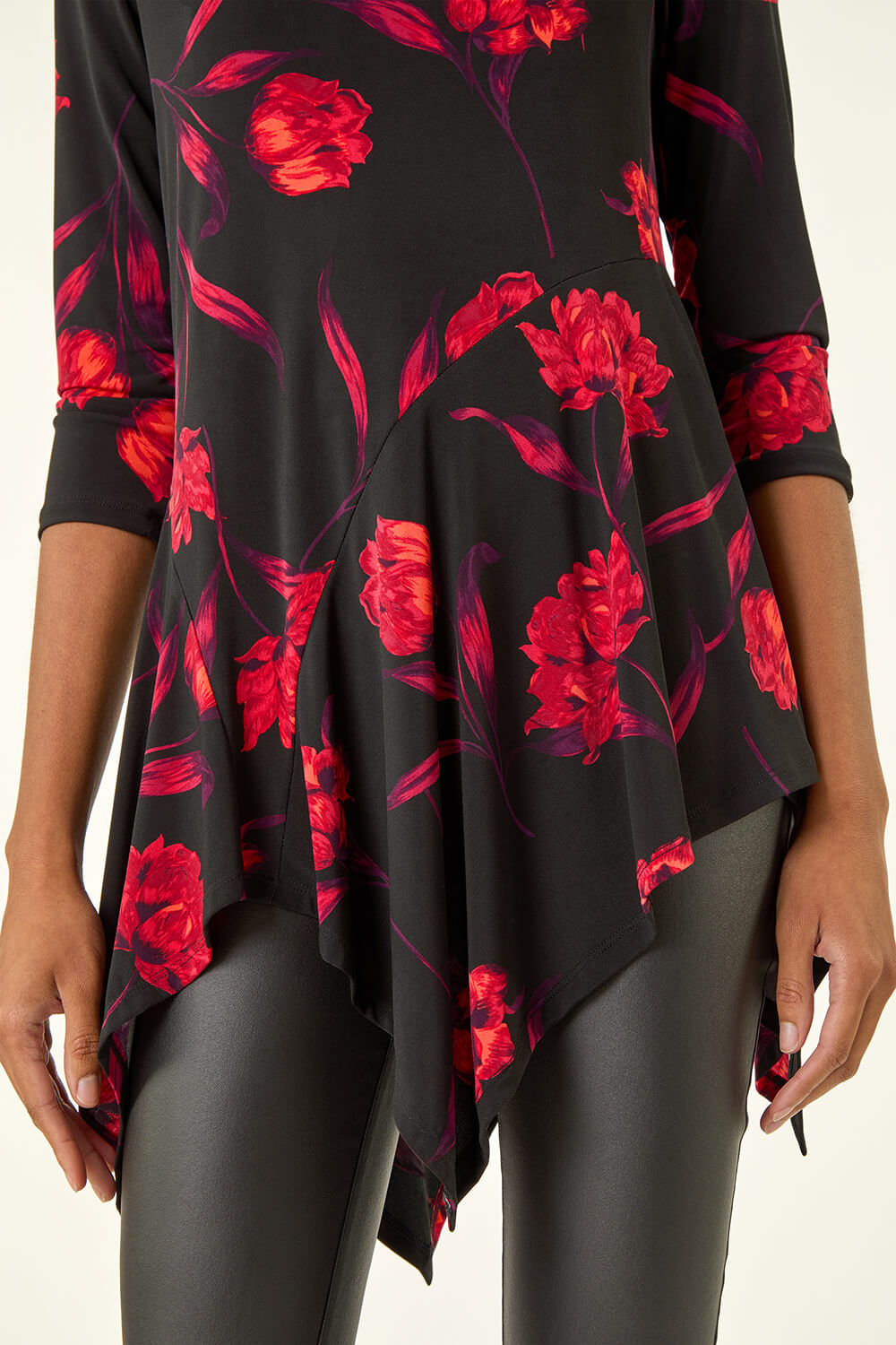 Red Floral Print Asymmetric Stretch Top, Image 6 of 5