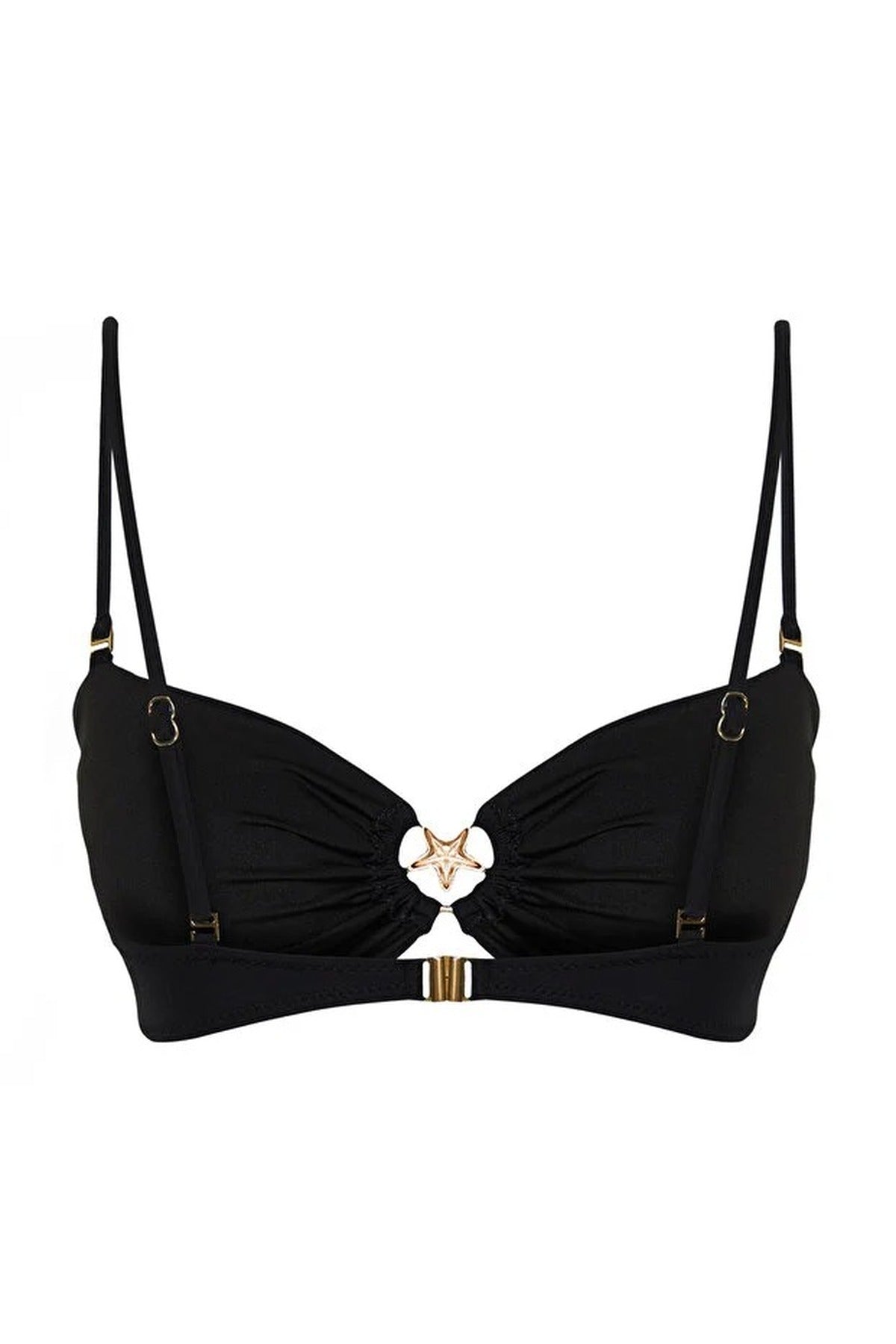 Black Ruched Bandeau Bikini Top with Ring Detail, Image 4 of 5