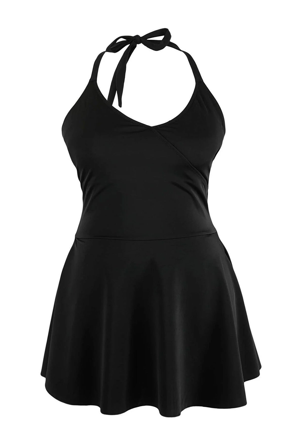 Black Halterneck Wrap Detail Flared Swim Dress, Image 1 of 3