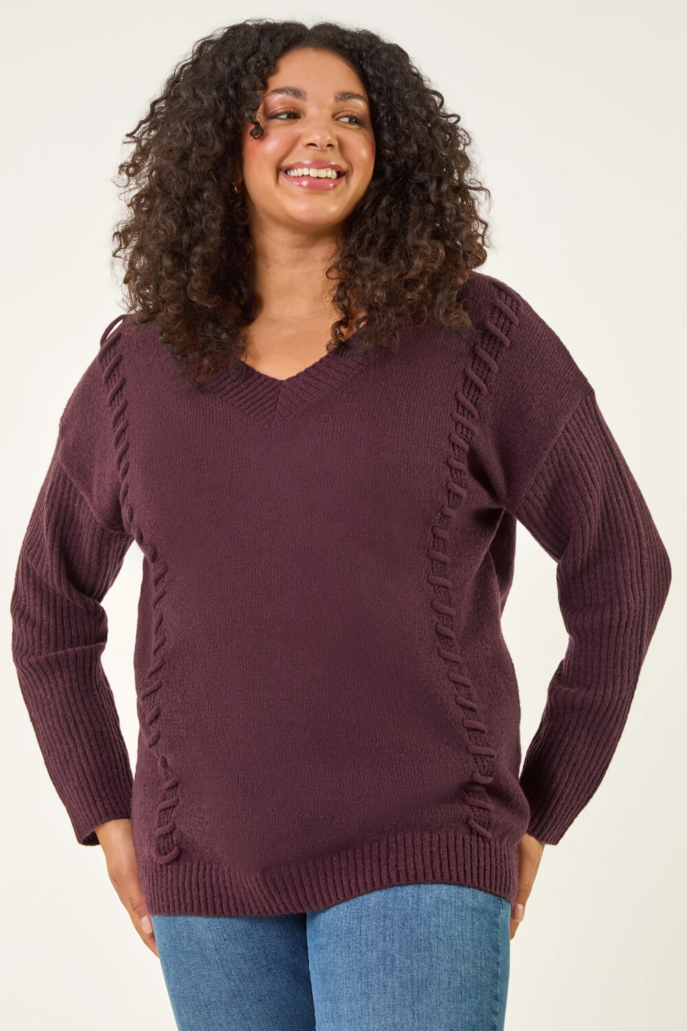 Plum Curve Stitch V-Neck Knit Jumper, Image 1 of 7