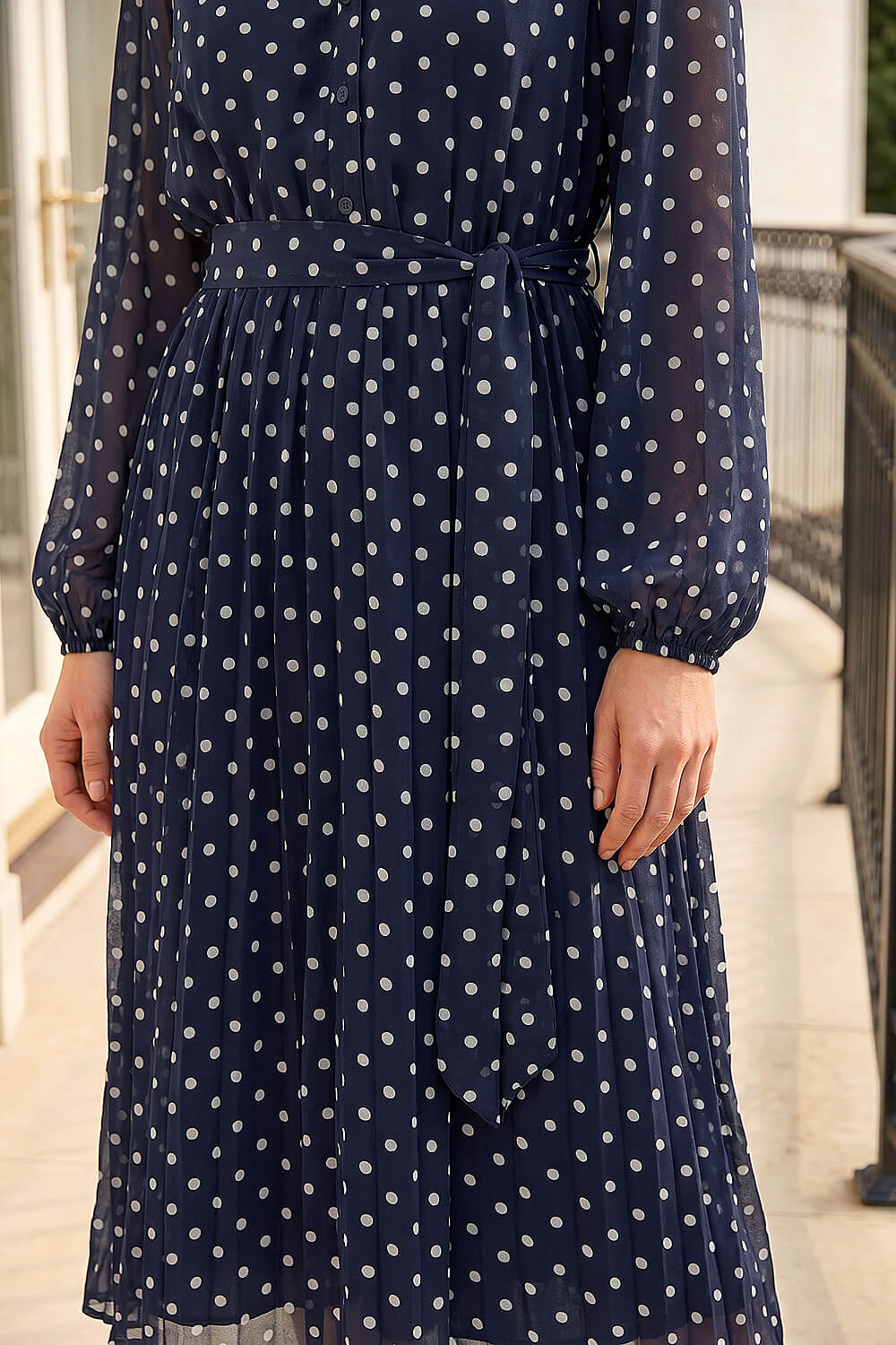 Navy Polka Dot Pleated Midi Dress, Image 5 of 4