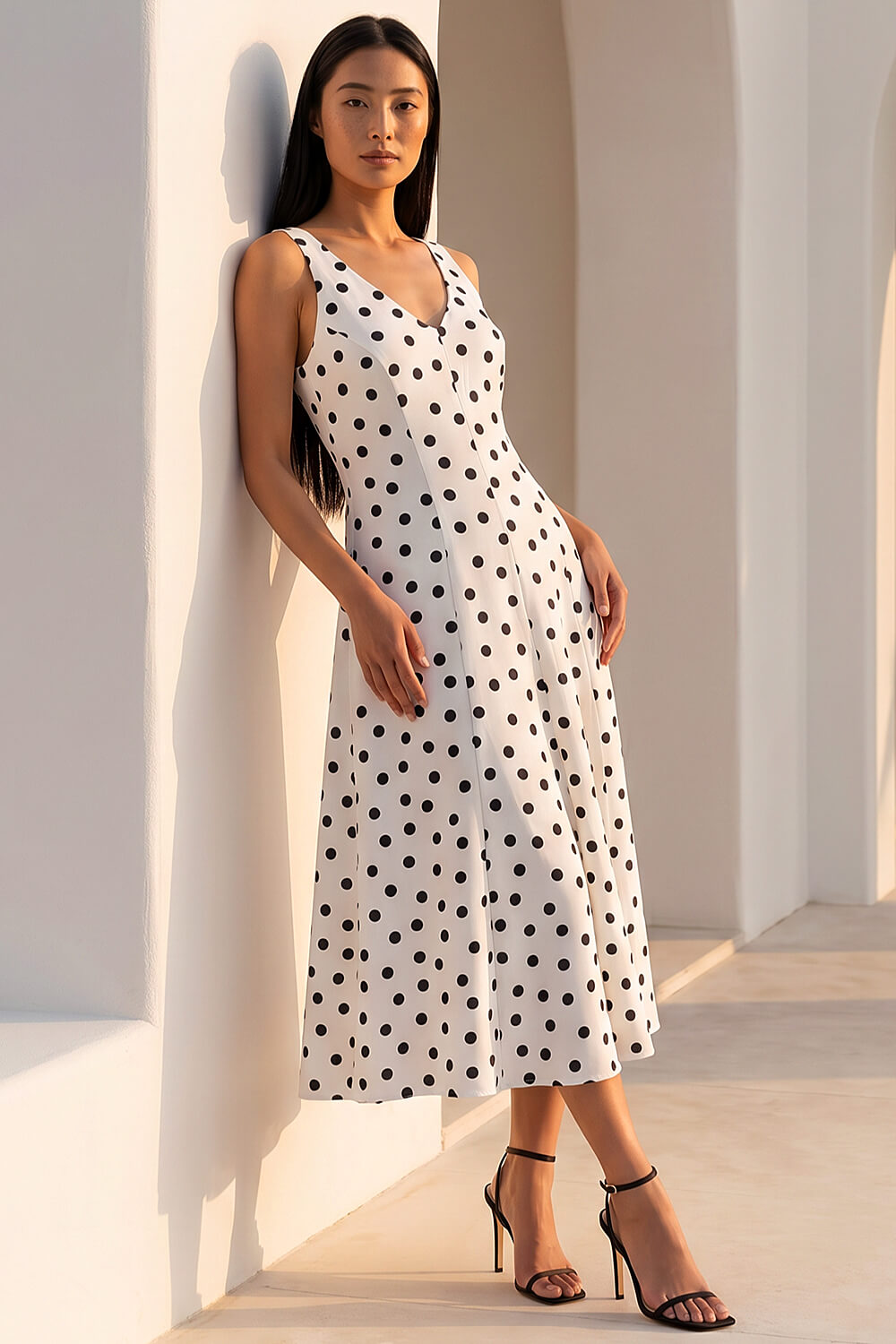 Ivory  Polka Dot Premium Stretch Midi Dress, Image 1 of 4