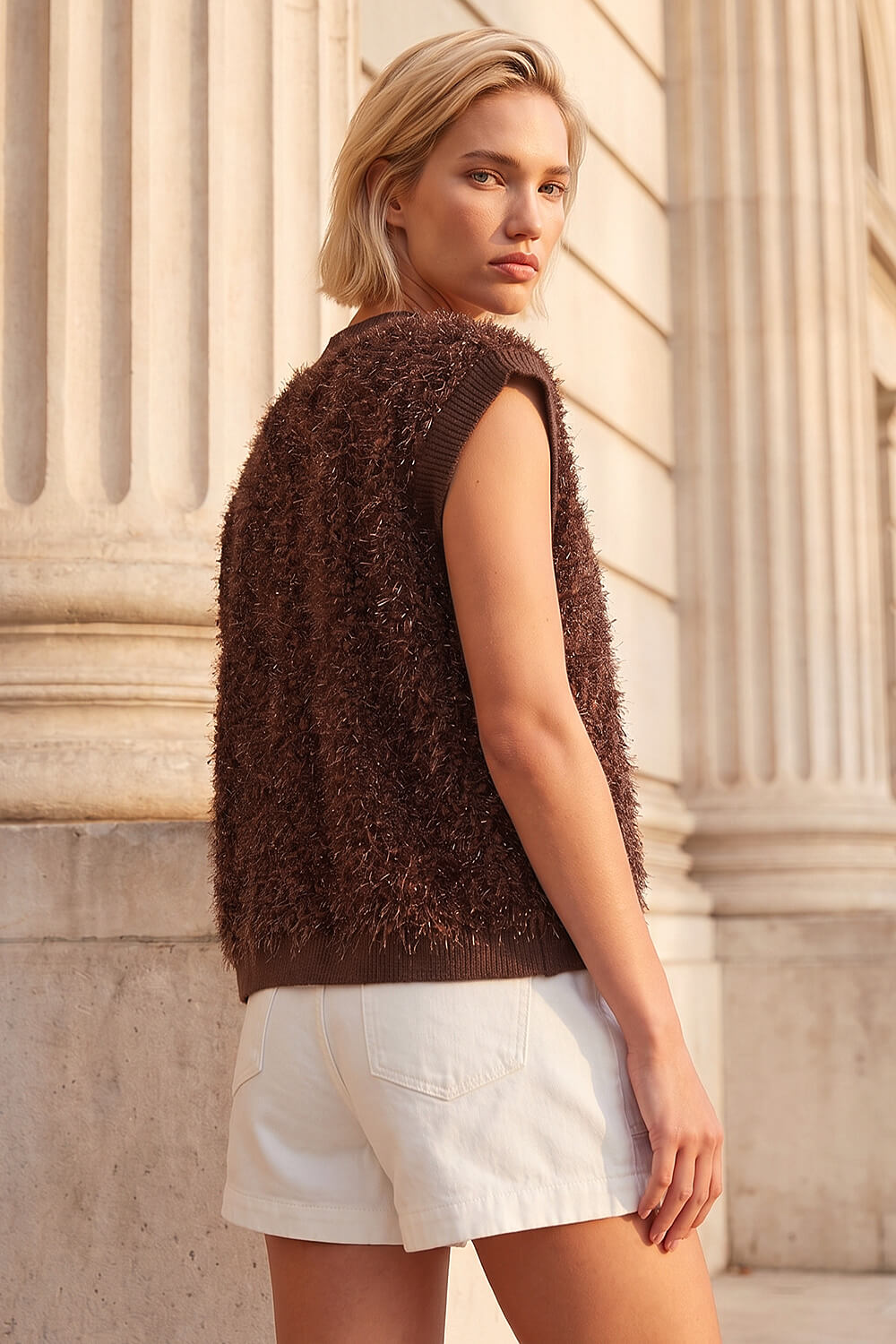 Chocolate Fluffy Shimmer Knit Waistcoat, Image 4 of 4