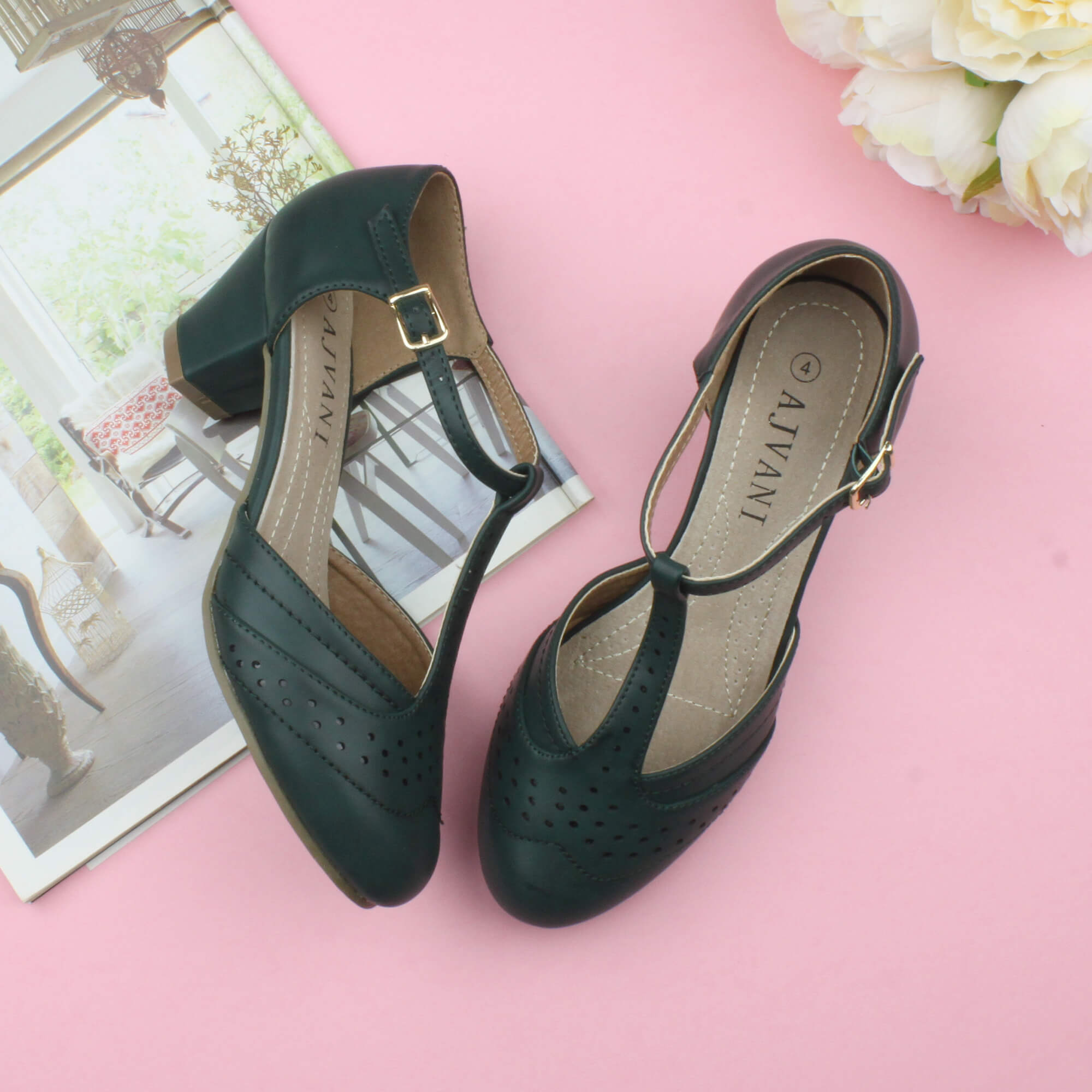 Dark Green Mid Heel Comfort T-Bar Brogue Heels, Image 4 of 6